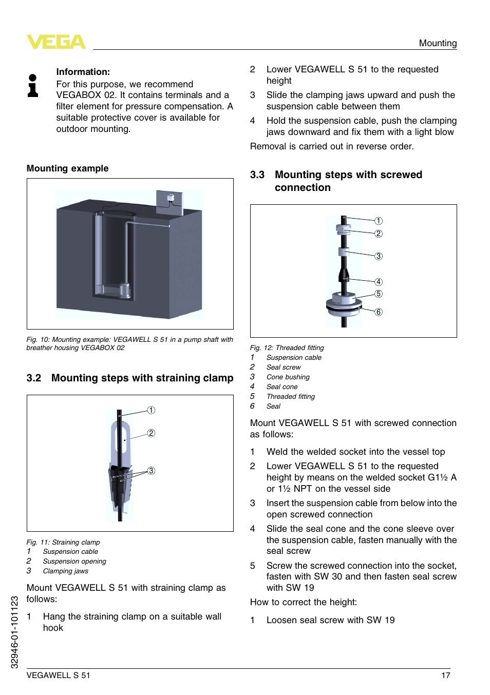 2 mounting steps with straining clamp, 3 mounting steps with screwed connection | VEGA VEGAWELL S 51 User Manual | Page 17 / 52