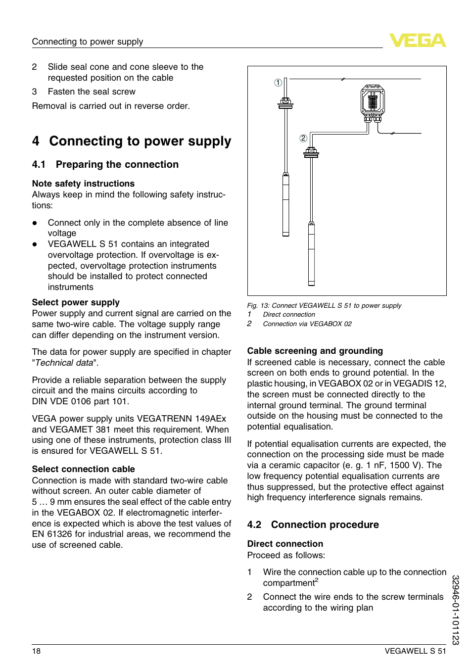 4 connecting to power supply, 1 preparing the connection, 2 connection procedure | 4 c onnecting to power supply | VEGA VEGAWELL S 51 User Manual | Page 18 / 52