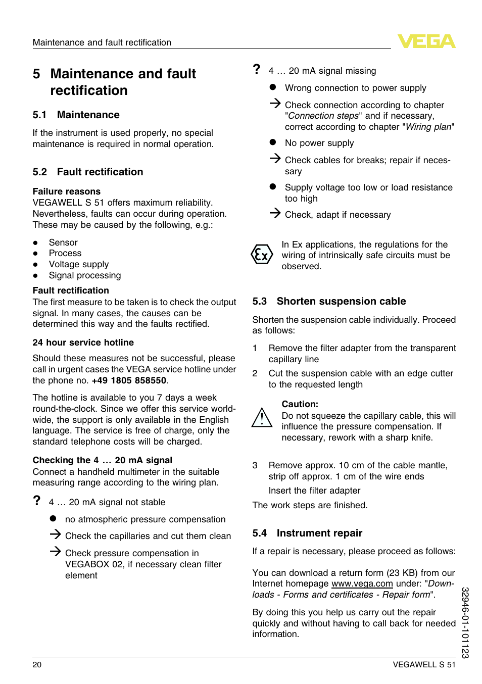 5 maintenance and fault rectification, 1 maintenance, 2 fault rectification | 3 shorten suspension cable, 4 instrument repair, 5 m aintenance and fault rectiﬁcation | VEGA VEGAWELL S 51 User Manual | Page 20 / 52