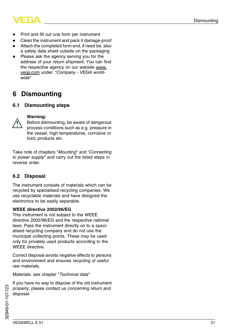 6 dismounting, 1 dismounting steps, 2 disposal | 6 d ismounting | VEGA VEGAWELL S 51 User Manual | Page 21 / 52