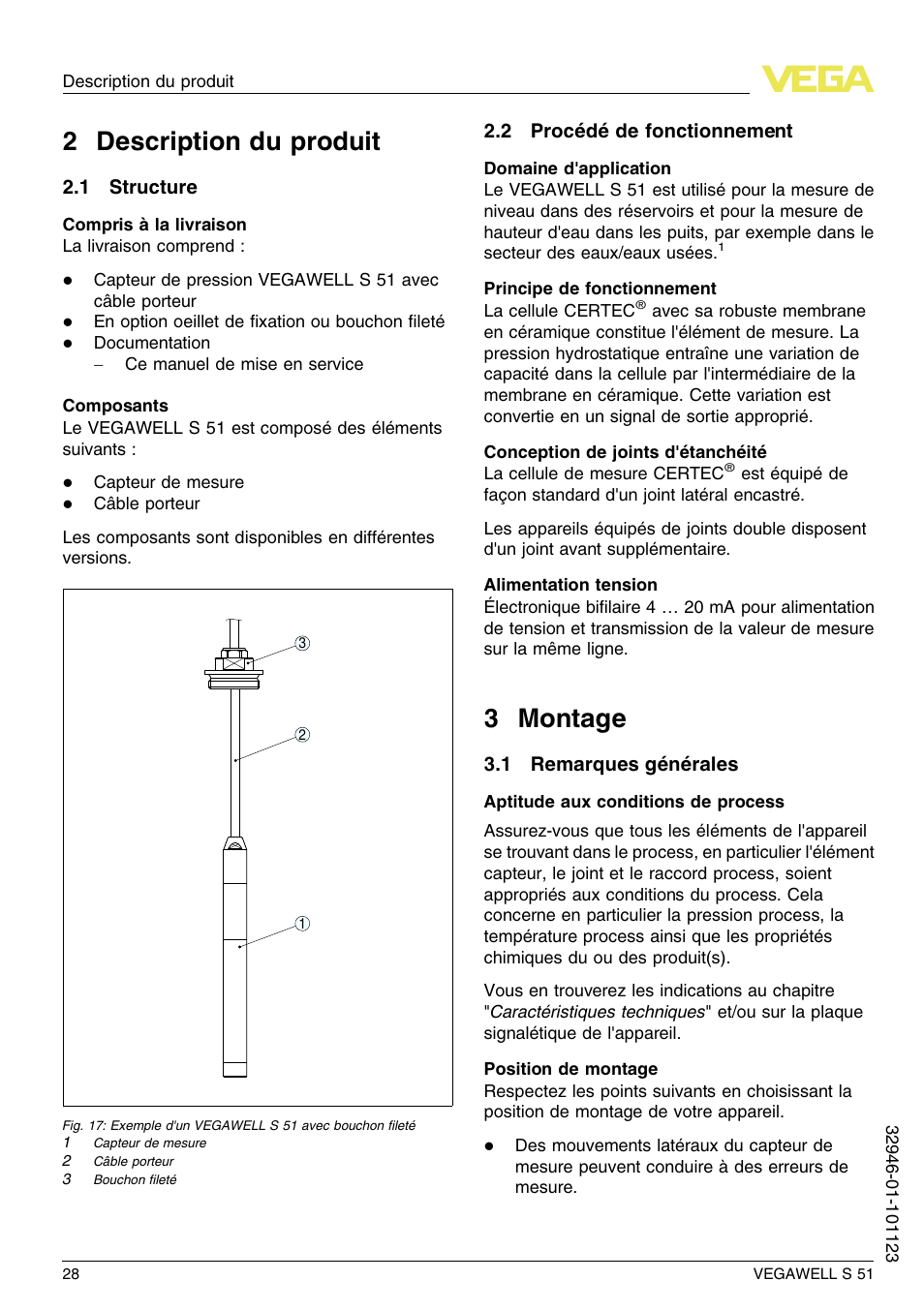 2 description du produit, 1 structure, 2 procédé de fonctionnement | 3 montage, 1 remarques générales, 2 d escription du produit, 3 m ontage | VEGA VEGAWELL S 51 User Manual | Page 28 / 52