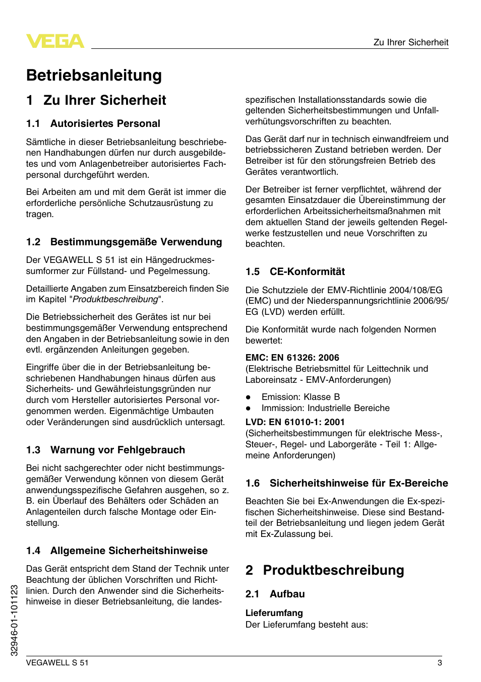 1 zu ihrer sicherheit, 1 autorisiertes personal, 2 bestimmungsgemäße verwendung | 3 warnung vor fehlgebrauch, 4 allgemeine sicherheitshinweise, 5 ce–konformität, 6 sicherheitshinweise für ex–bereiche, 2 produktbeschreibung, 1 aufbau, Betriebsanleitung | VEGA VEGAWELL S 51 User Manual | Page 3 / 52
