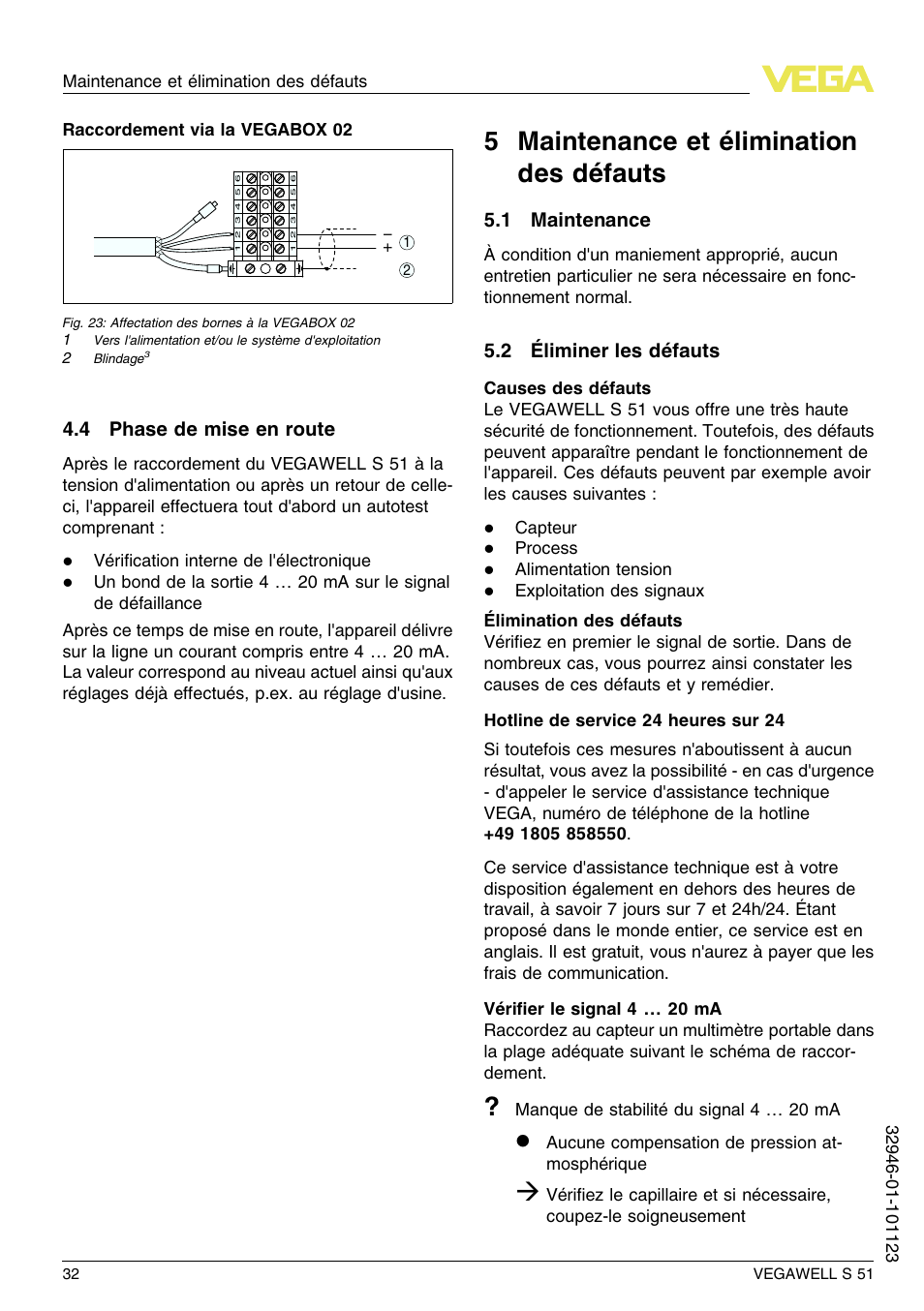 4 phase de mise en route, 5 maintenance et élimination des défauts, 1 maintenance | 2 éliminer les défauts, 5 m aintenance et élimination des défauts | VEGA VEGAWELL S 51 User Manual | Page 32 / 52