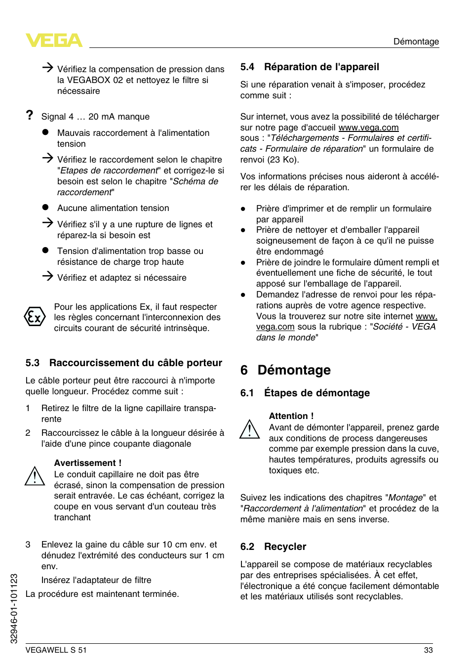 3 raccourcissement du câble porteur, 4 réparation de l'appareil, 6 démontage | 1 étapes de démontage, 2 recycler, 6 d émontage | VEGA VEGAWELL S 51 User Manual | Page 33 / 52