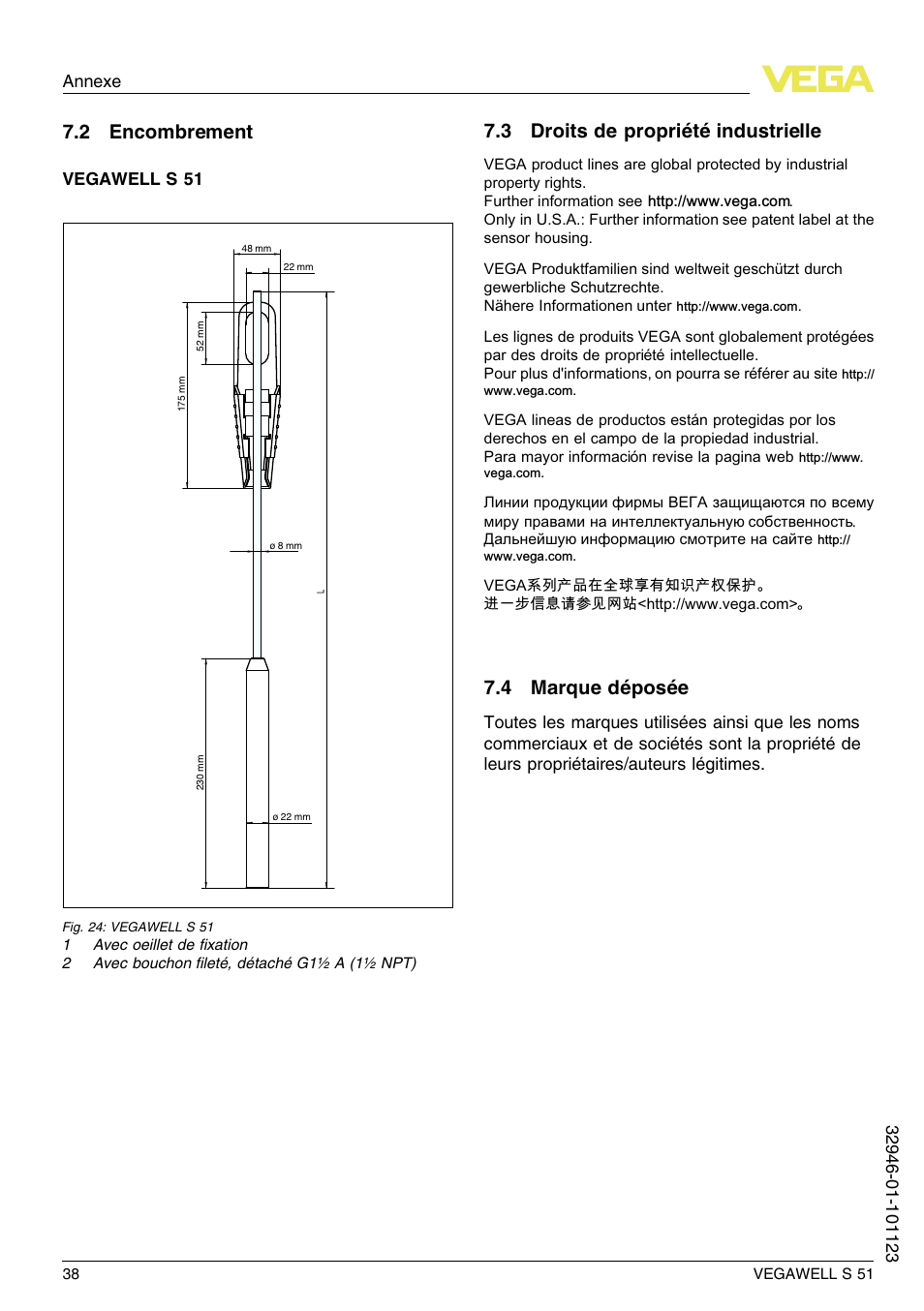2 encombrement, 3 droits de propriété industrielle, 4 marque déposée | VEGA VEGAWELL S 51 User Manual | Page 38 / 52