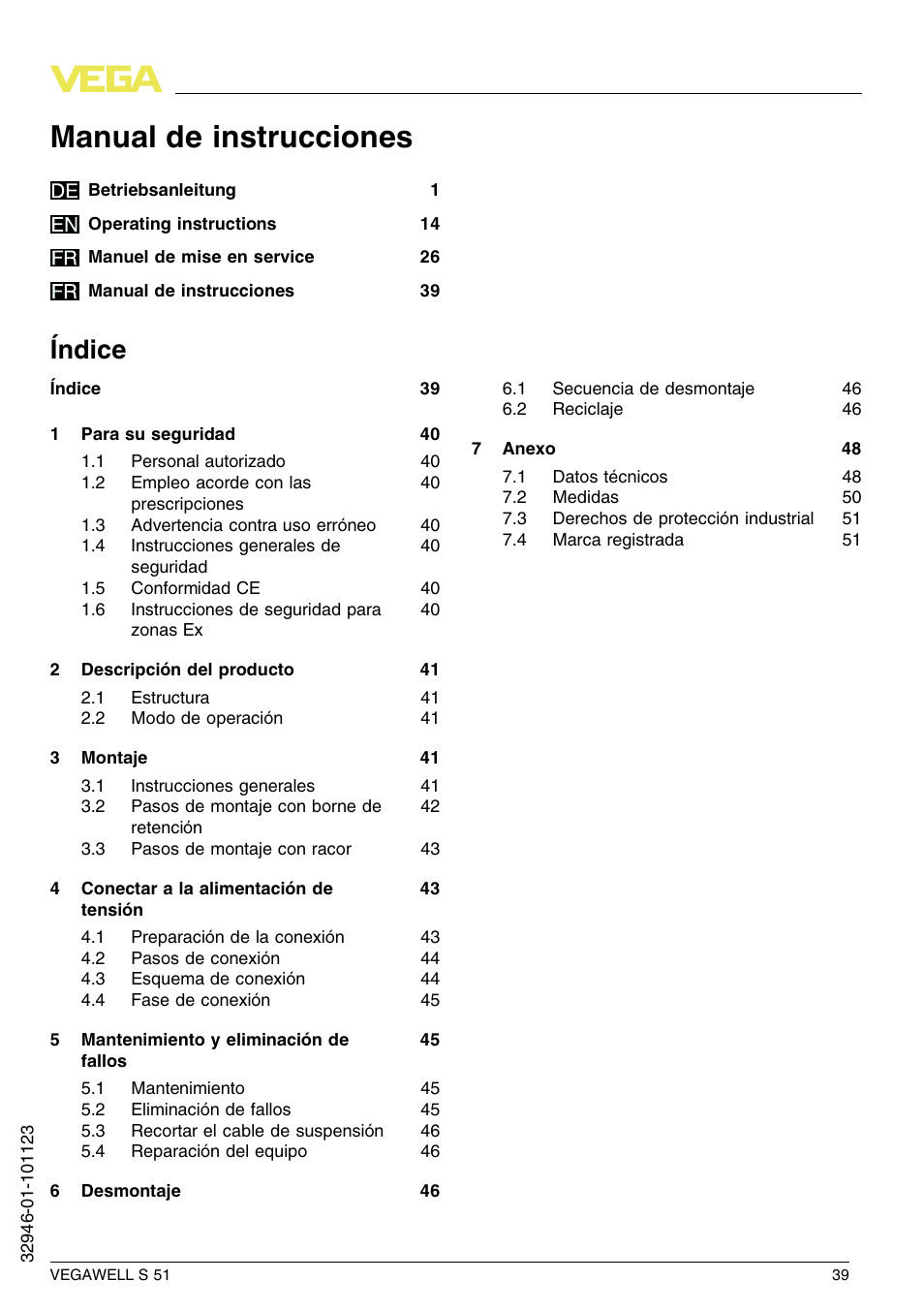 Índice, Manual de instrucciones | VEGA VEGAWELL S 51 User Manual | Page 39 / 52