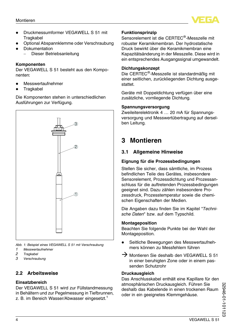 2 arbeitsweise, 3 montieren, 1 allgemeine hinweise | 3 m ontieren | VEGA VEGAWELL S 51 User Manual | Page 4 / 52
