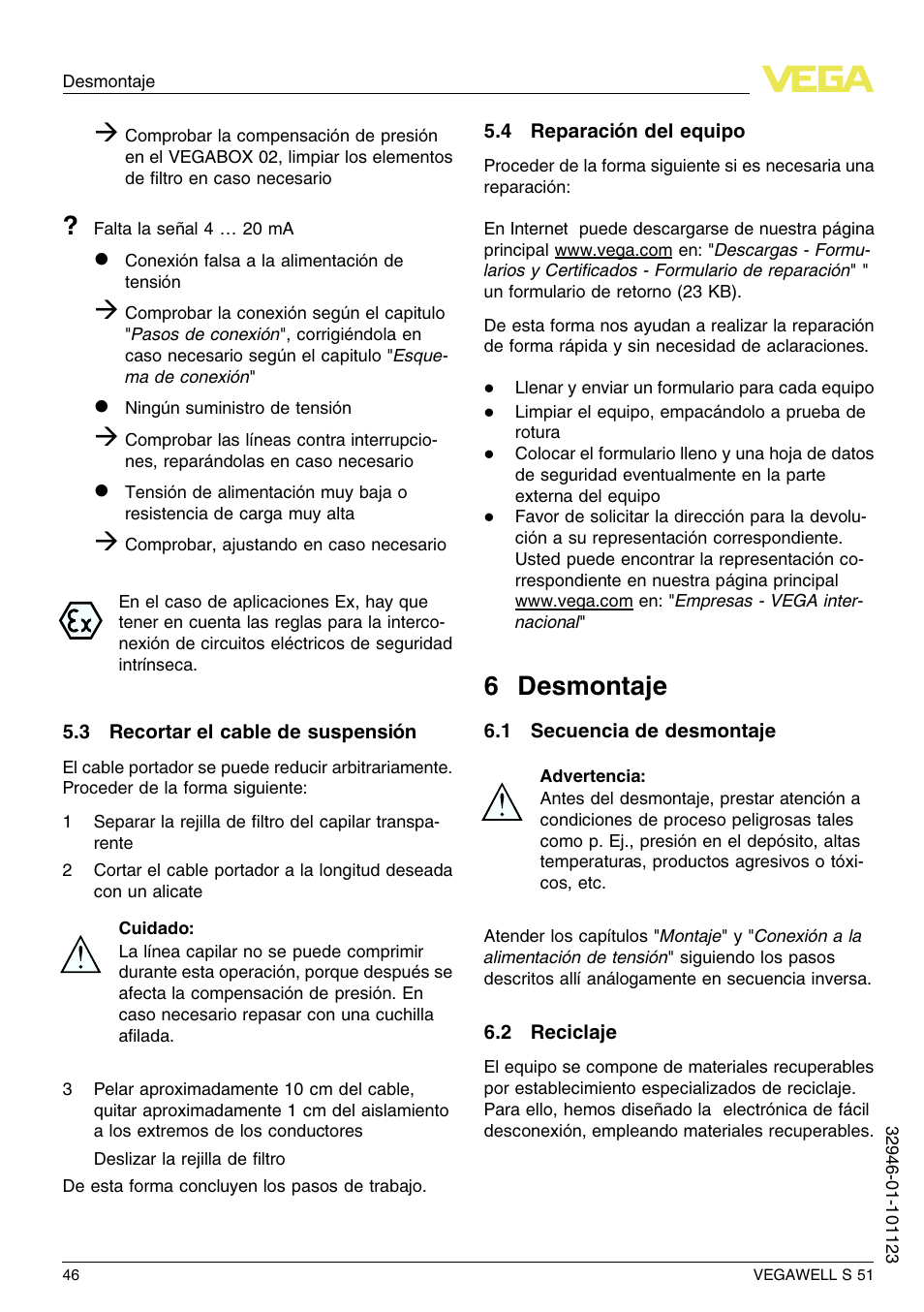 3 recortar el cable de suspensión, 4 reparación del equipo, 6 desmontaje | 1 secuencia de desmontaje, 2 reciclaje, 6 d esmontaje | VEGA VEGAWELL S 51 User Manual | Page 46 / 52