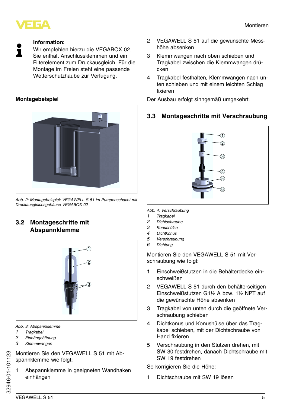 2 montageschritte mit abspannklemme, 3 montageschritte mit verschraubung | VEGA VEGAWELL S 51 User Manual | Page 5 / 52
