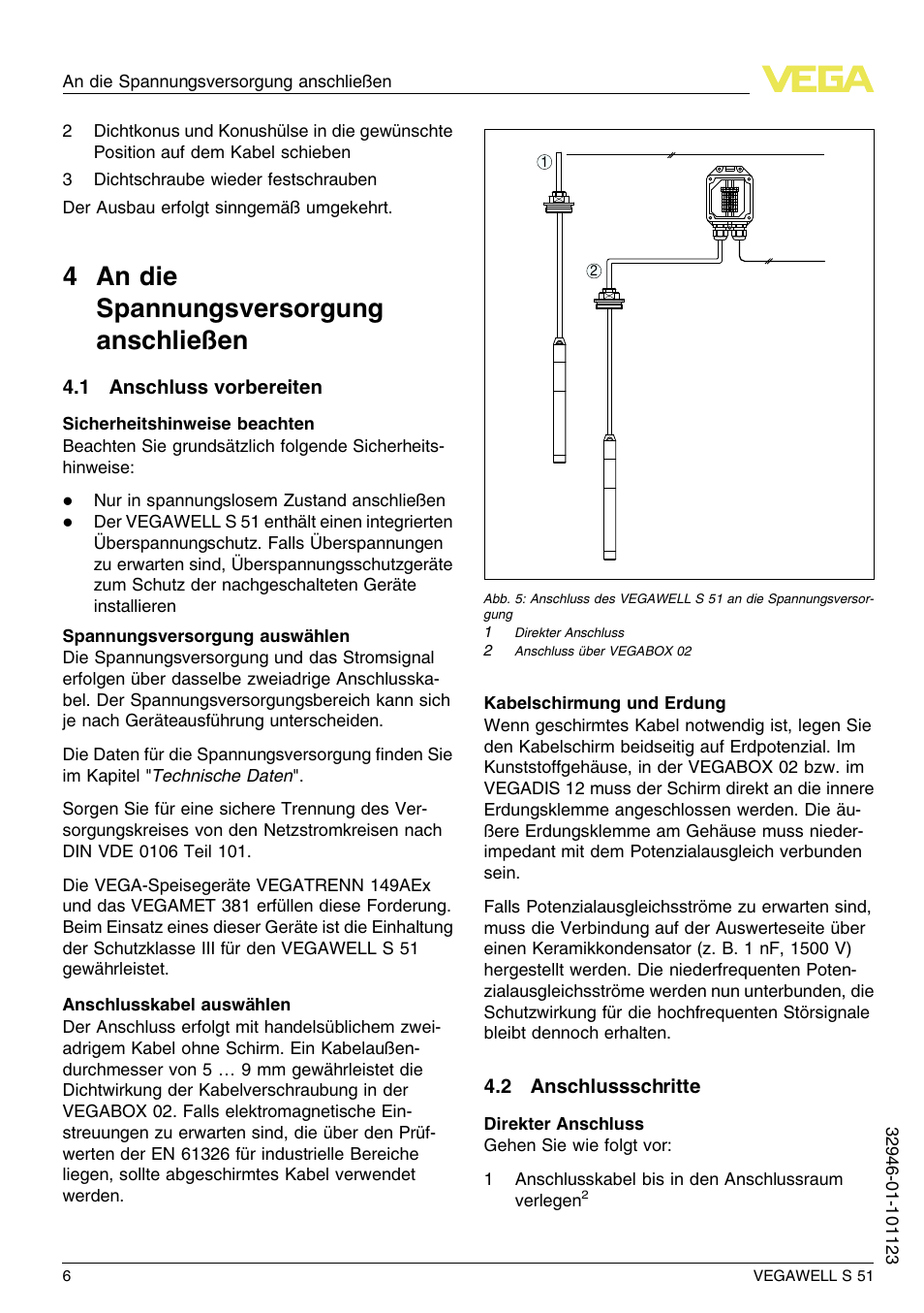 4 an die spannungsversorgung anschließen, 1 anschluss vorbereiten, 2 anschlussschritte | 4 a n die spannungsversorgung anschließen | VEGA VEGAWELL S 51 User Manual | Page 6 / 52