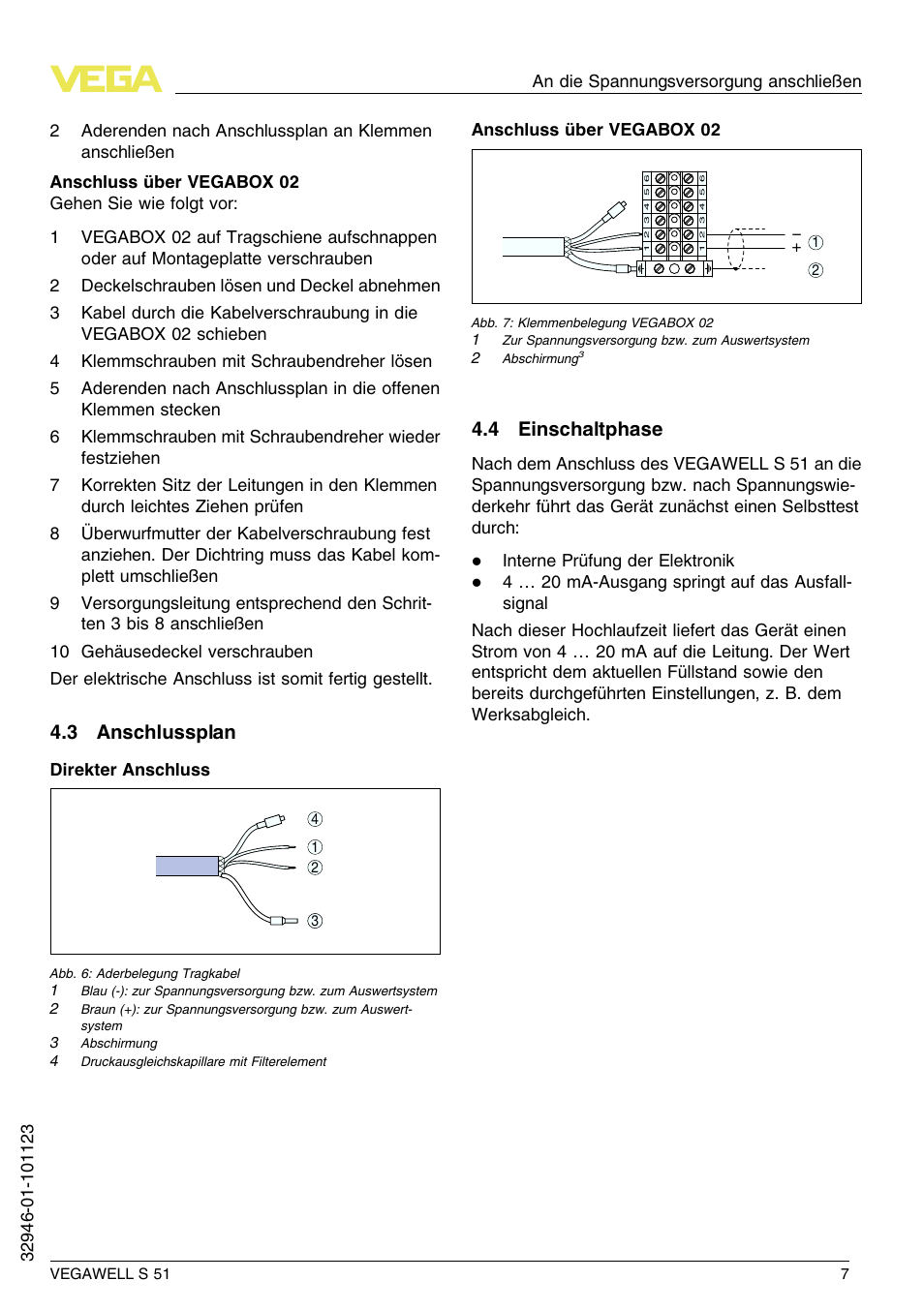 3 anschlussplan, 4 einschaltphase | VEGA VEGAWELL S 51 User Manual | Page 7 / 52