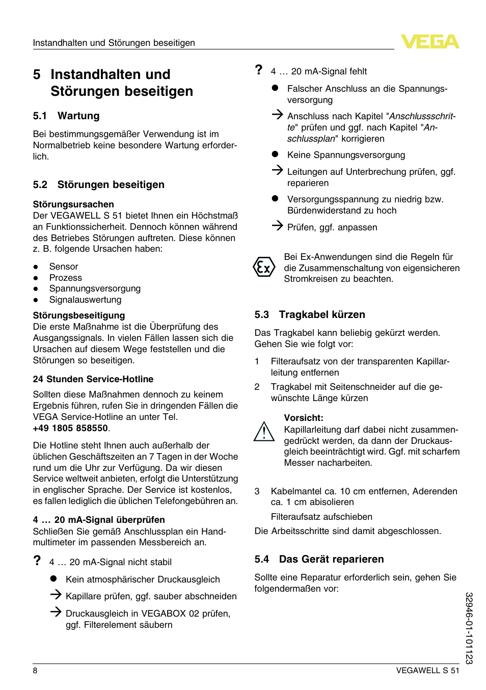 5 instandhalten und störungen beseitigen, 1 wartung, 2 störungen beseitigen | 3 tragkabel kürzen, 4 das gerät reparieren, 5 i nstandhalten und störungen beseitigen | VEGA VEGAWELL S 51 User Manual | Page 8 / 52