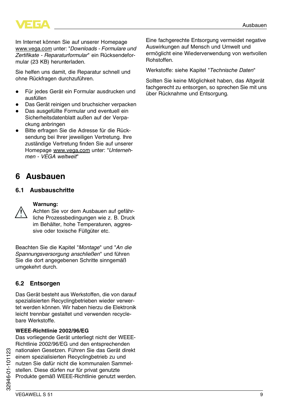 6 ausbauen, 1 ausbauschritte, 2 entsorgen | 6 a usbauen | VEGA VEGAWELL S 51 User Manual | Page 9 / 52