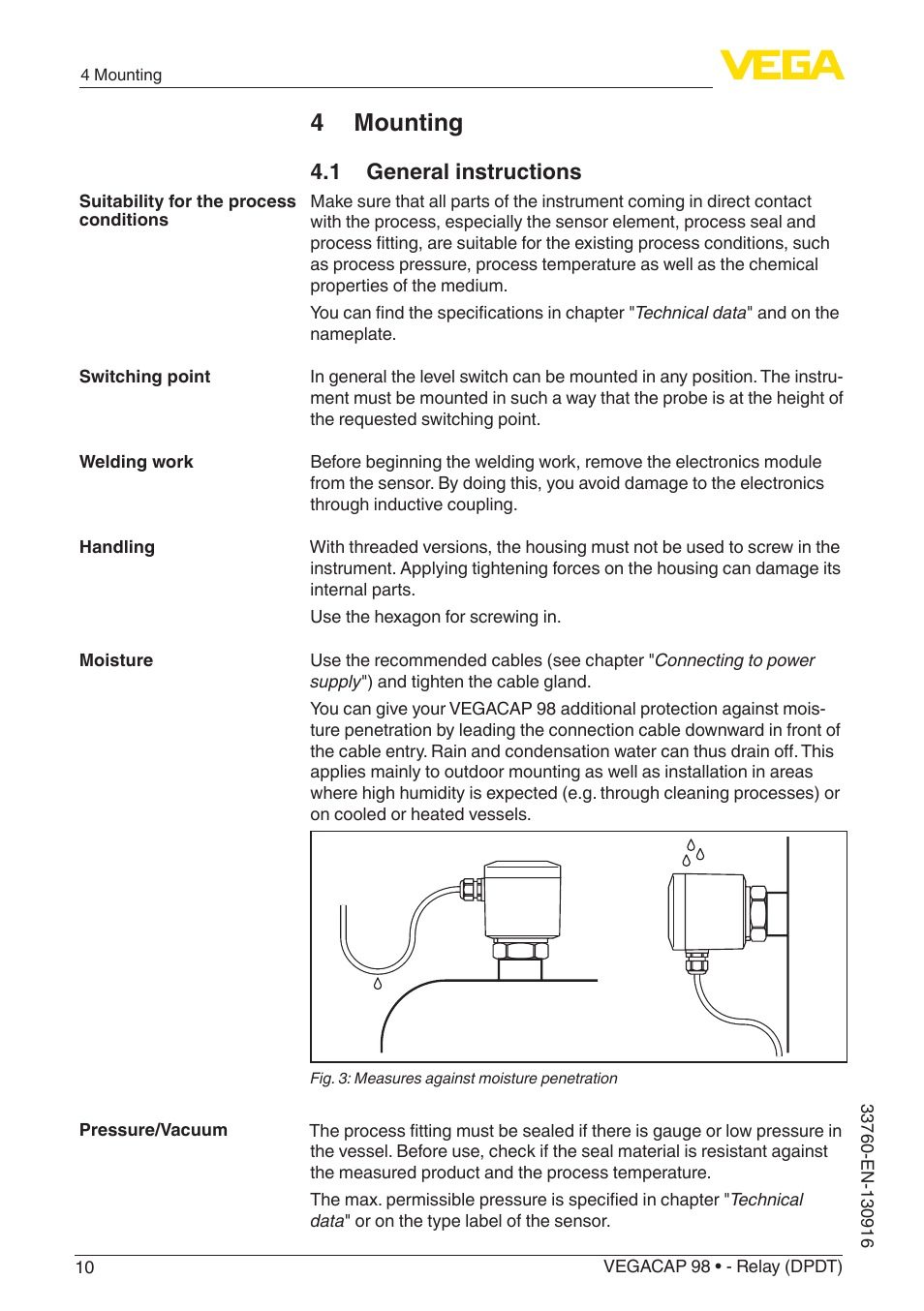 4 mounting, 1 general instructions | VEGA VEGACAP 98 - Relay (DPDT) User Manual | Page 10 / 28