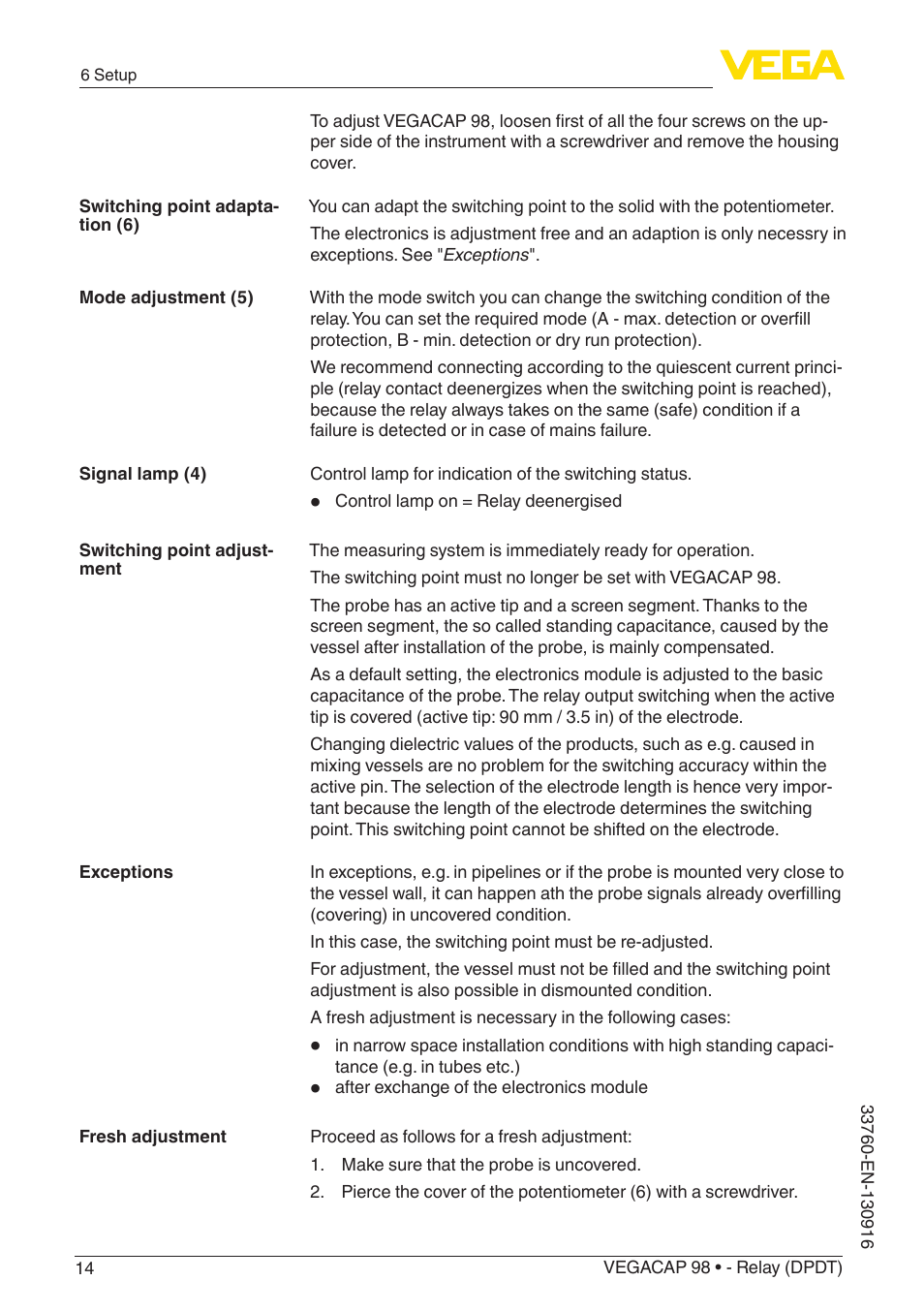 VEGA VEGACAP 98 - Relay (DPDT) User Manual | Page 14 / 28