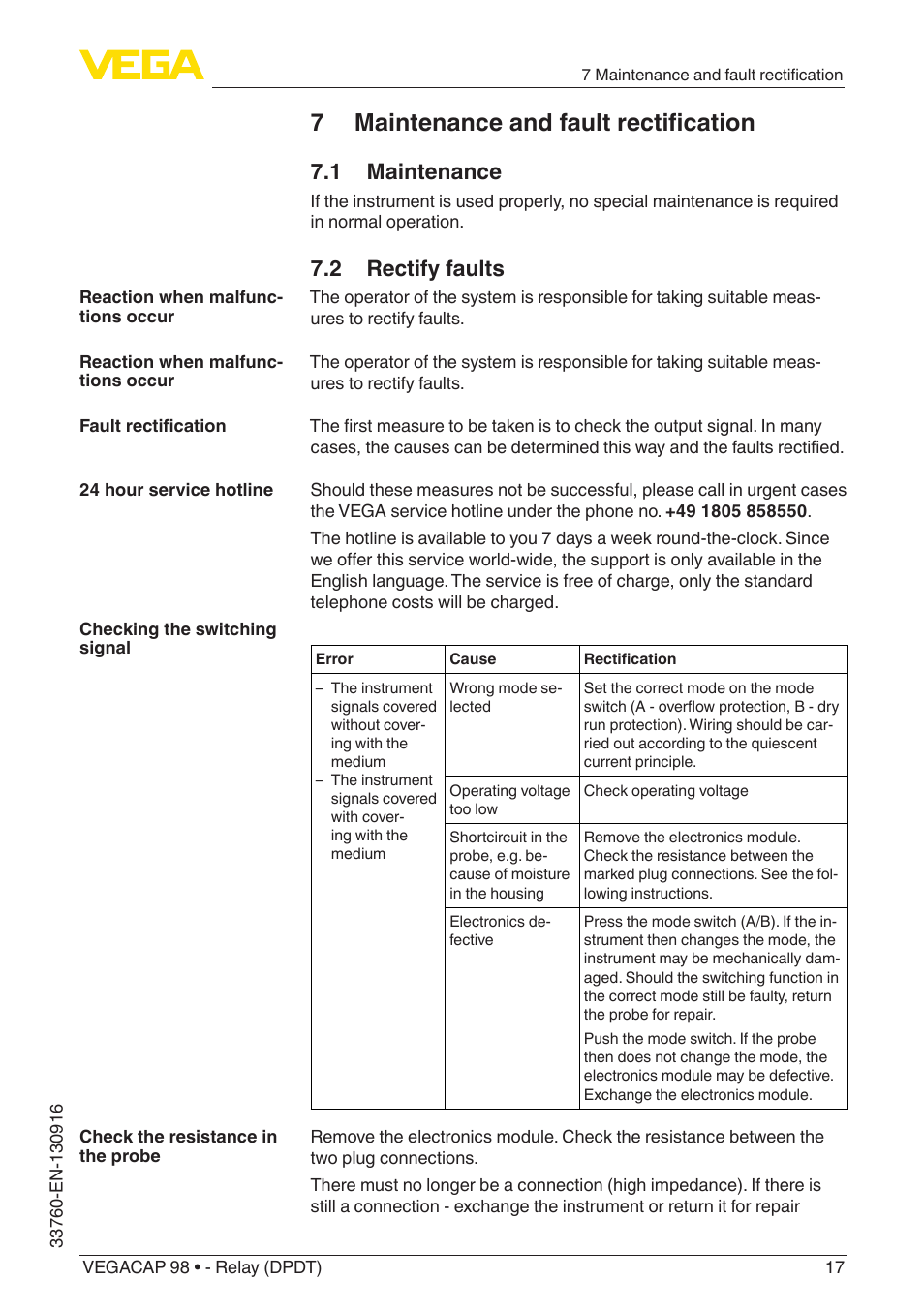 7 maintenance and fault rectification, 1 maintenance, 2 rectify faults | VEGA VEGACAP 98 - Relay (DPDT) User Manual | Page 17 / 28