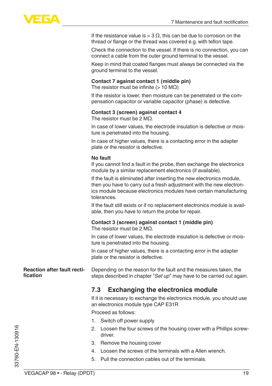 3 exchanging the electronics module | VEGA VEGACAP 98 - Relay (DPDT) User Manual | Page 19 / 28