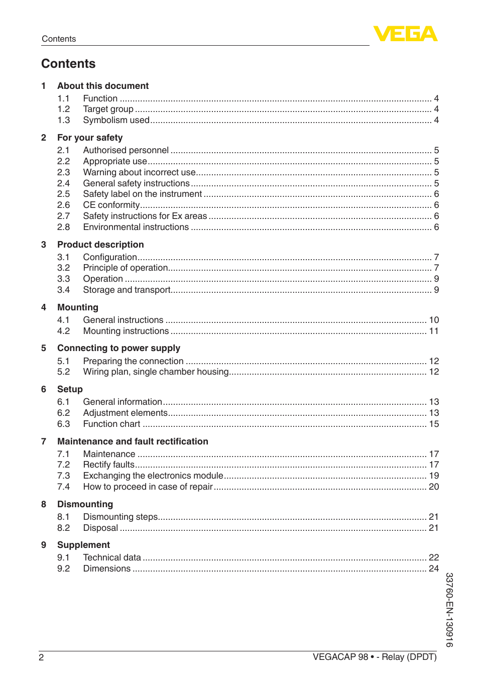 VEGA VEGACAP 98 - Relay (DPDT) User Manual | Page 2 / 28
