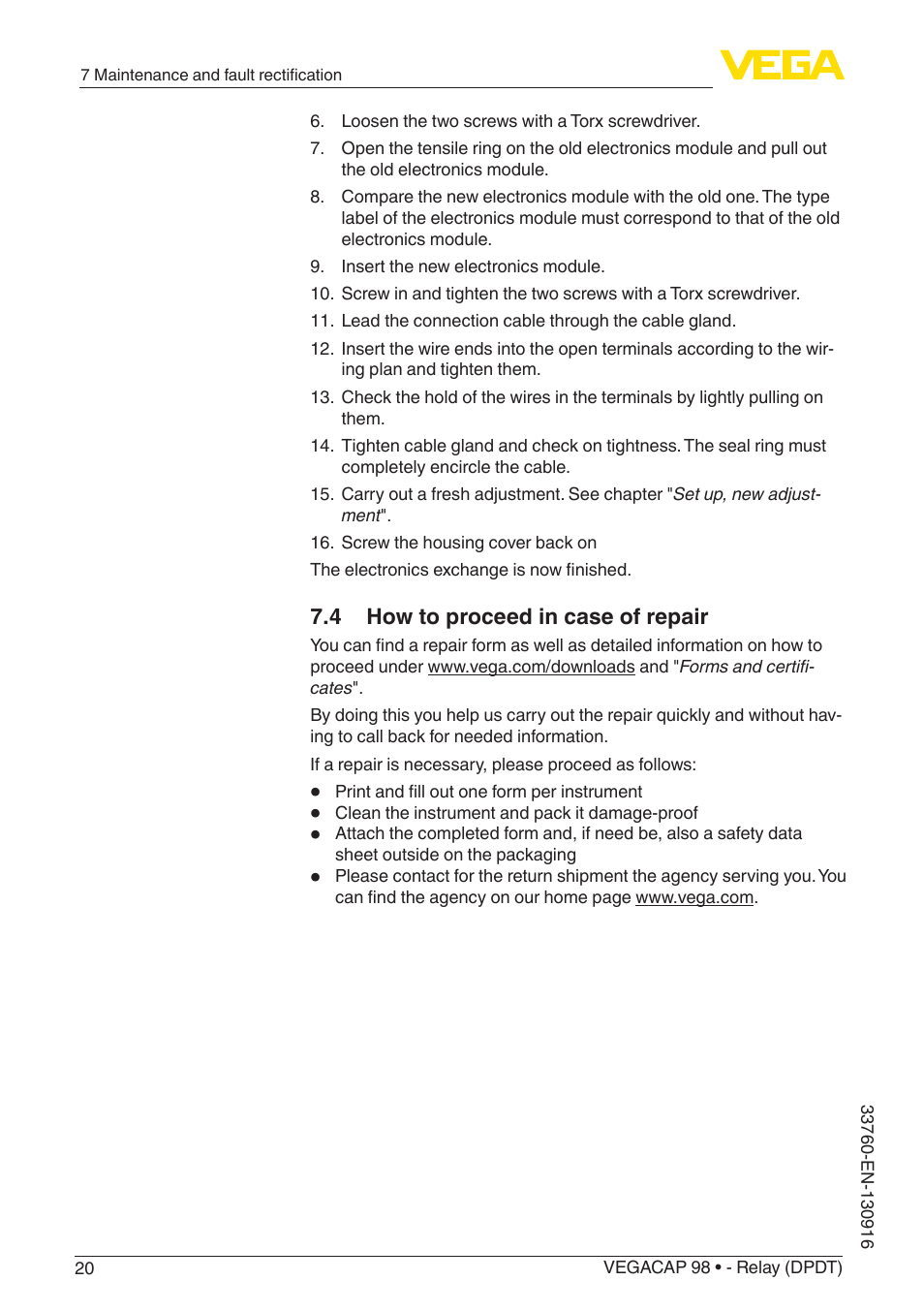 4 how to proceed in case of repair | VEGA VEGACAP 98 - Relay (DPDT) User Manual | Page 20 / 28