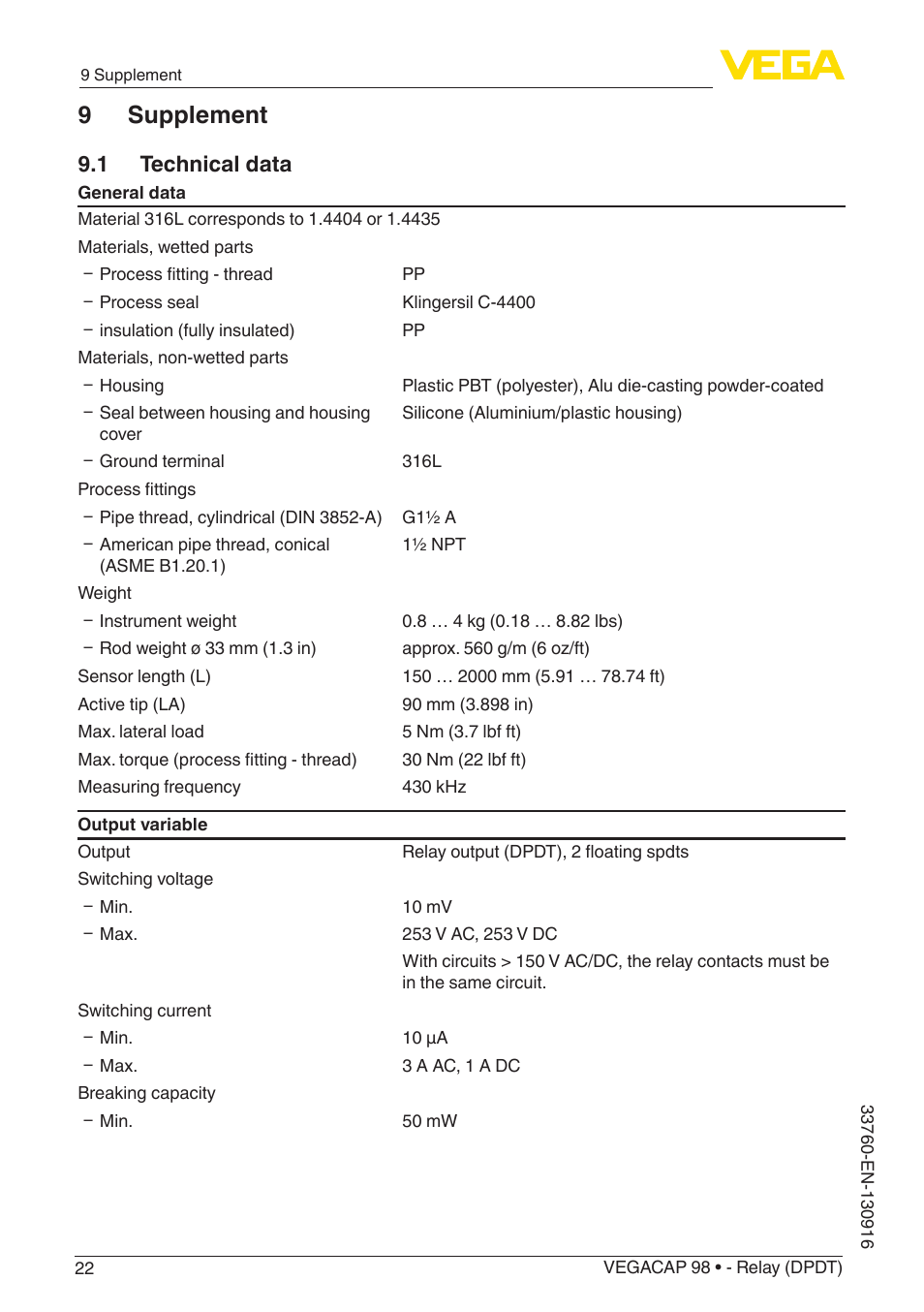 9 supplement, 1 technical data | VEGA VEGACAP 98 - Relay (DPDT) User Manual | Page 22 / 28