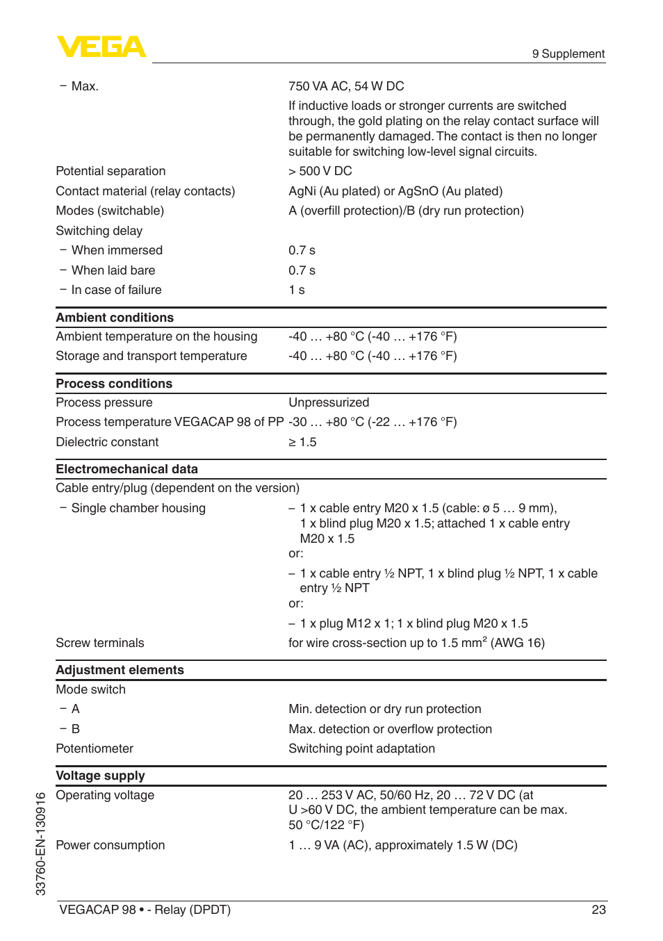 VEGA VEGACAP 98 - Relay (DPDT) User Manual | Page 23 / 28