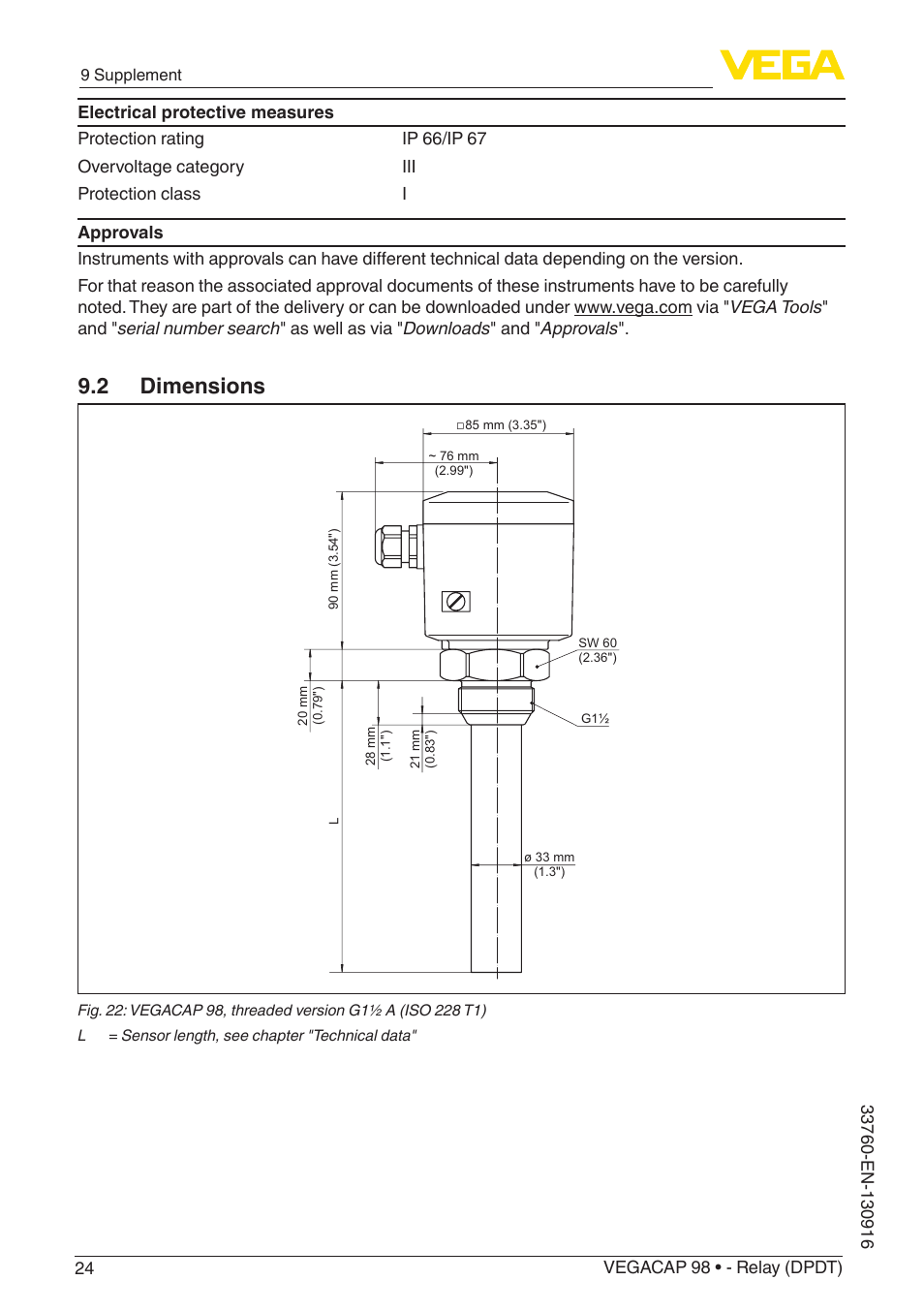 2 dimensions | VEGA VEGACAP 98 - Relay (DPDT) User Manual | Page 24 / 28