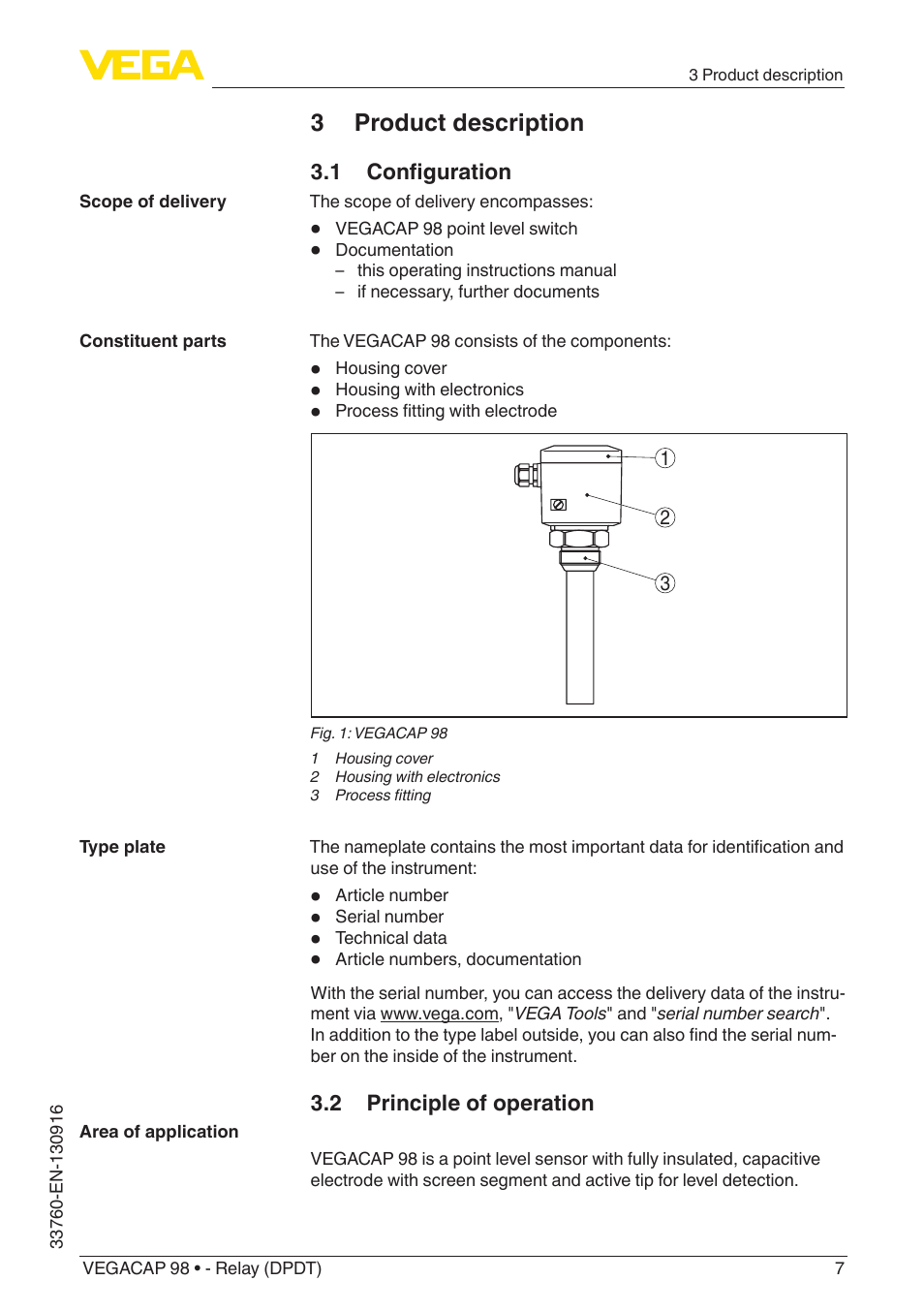 3 product description, 1 configuration, 2 principle of operation | VEGA VEGACAP 98 - Relay (DPDT) User Manual | Page 7 / 28