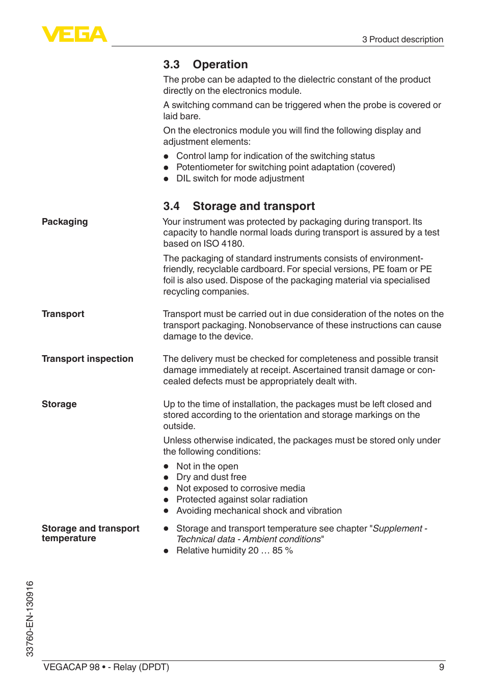 3 operation, 4 storage and transport | VEGA VEGACAP 98 - Relay (DPDT) User Manual | Page 9 / 28