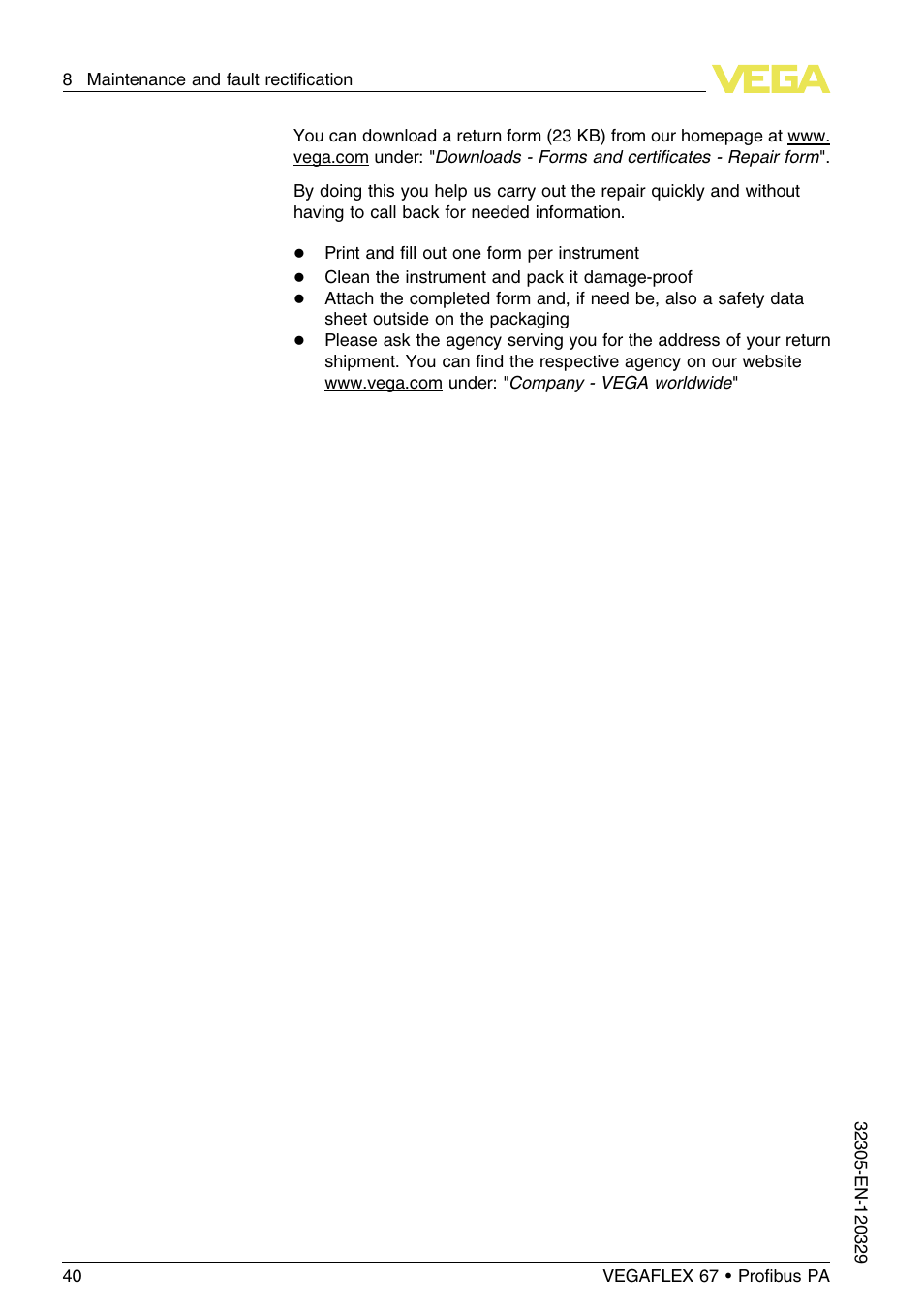 VEGA VEGAFLEX 67 (-40…+150°C PFA insulated) Profibus PA User Manual | Page 40 / 60
