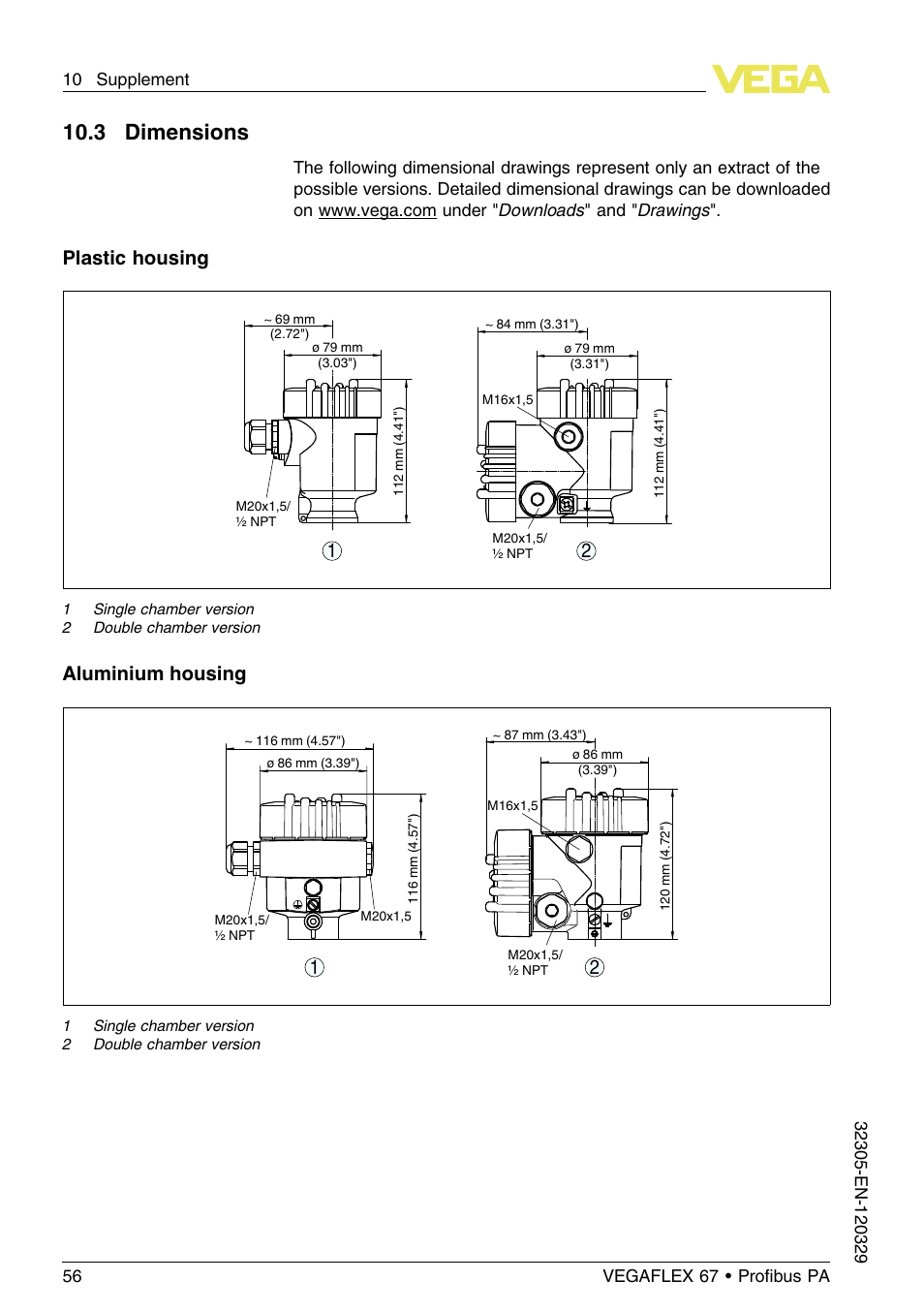 3 dimensions, Plastic housing, Aluminium housing 2 1 | VEGA VEGAFLEX 67 (-40…+150°C PFA insulated) Profibus PA User Manual | Page 56 / 60