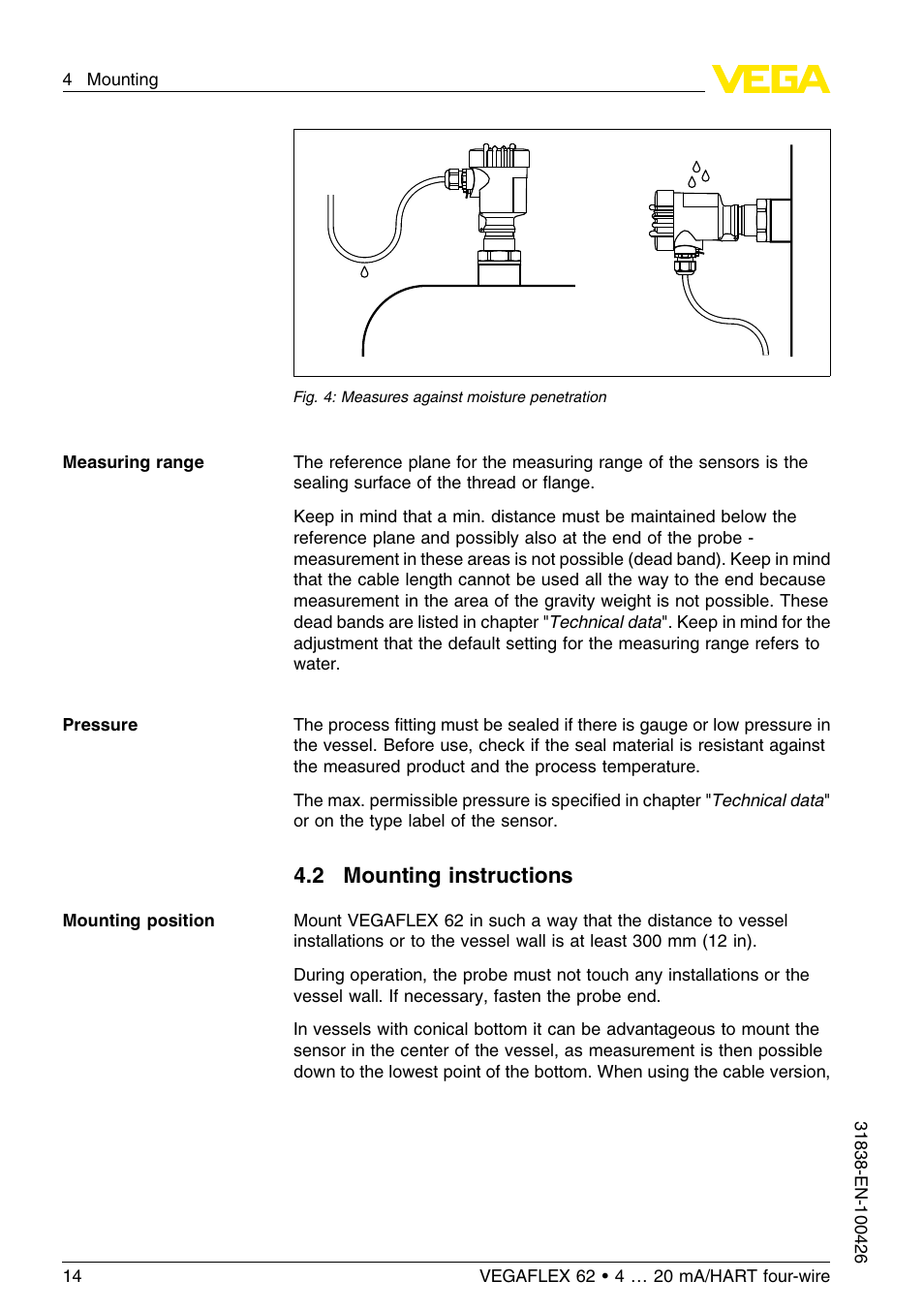 2 mounting instructions | VEGA VEGAFLEX 62 4 … 20 mA_HART four-wire User Manual | Page 14 / 60