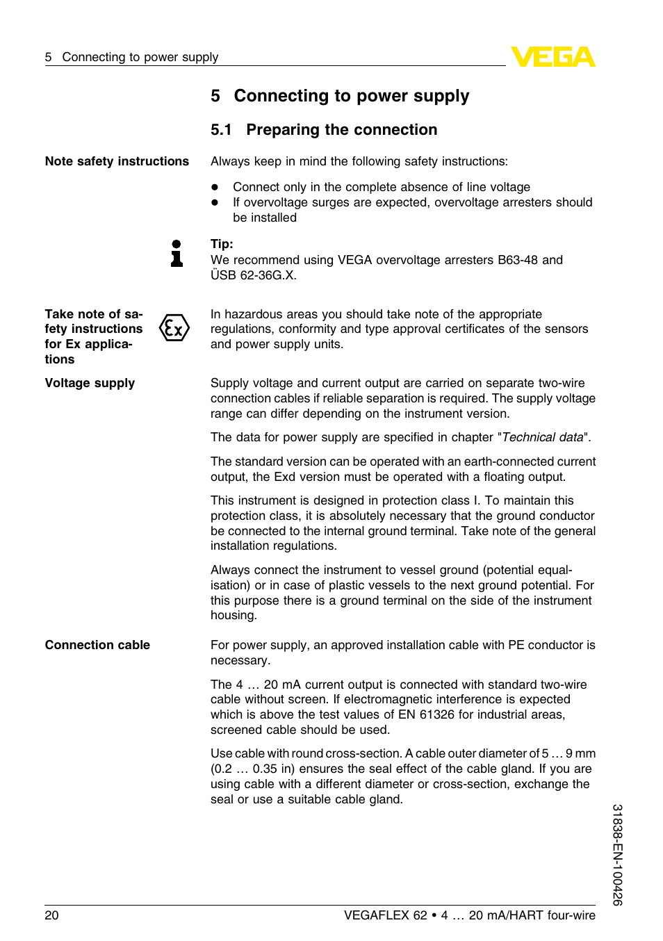 5 connecting to power supply, 1 preparing the connection, 5connecting to power supply | VEGA VEGAFLEX 62 4 … 20 mA_HART four-wire User Manual | Page 20 / 60