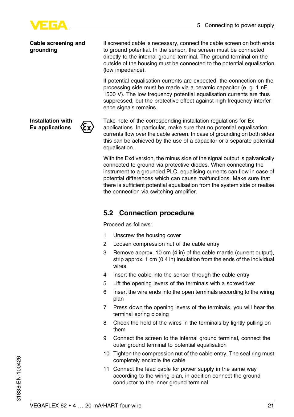 2 connection procedure | VEGA VEGAFLEX 62 4 … 20 mA_HART four-wire User Manual | Page 21 / 60