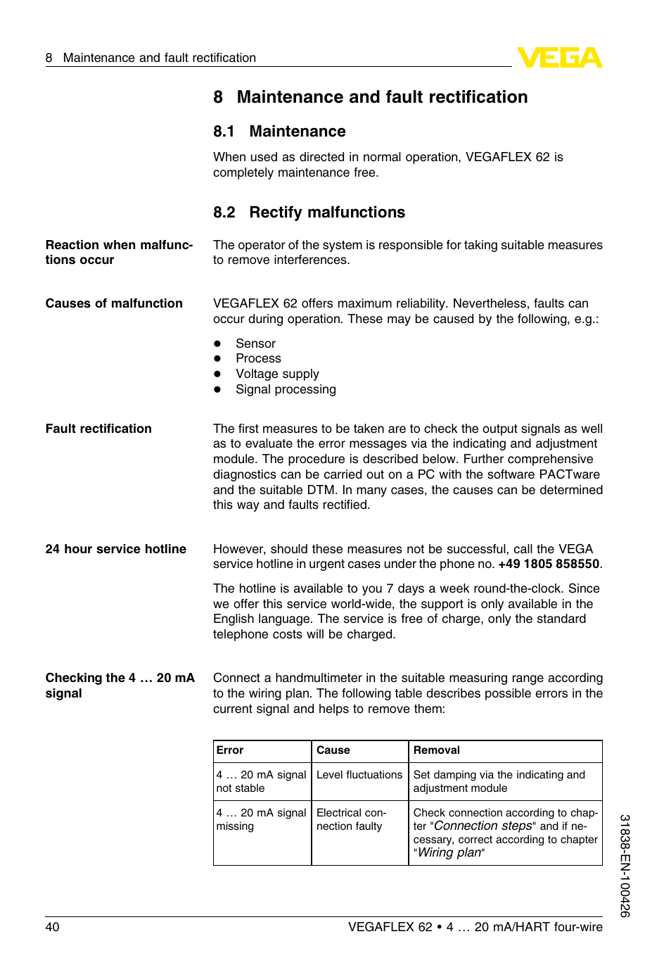 8 maintenance and fault rectification, 1 maintenance, 2 rectify malfunctions | 8maintenance and fault rectiﬁcation | VEGA VEGAFLEX 62 4 … 20 mA_HART four-wire User Manual | Page 40 / 60