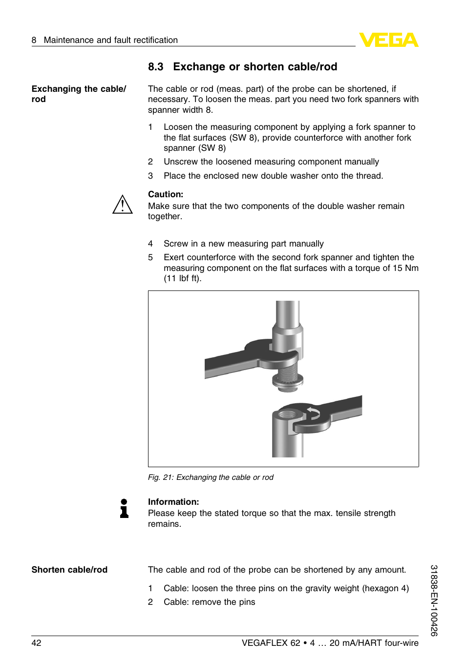 3 exchange or shorten cable/rod | VEGA VEGAFLEX 62 4 … 20 mA_HART four-wire User Manual | Page 42 / 60