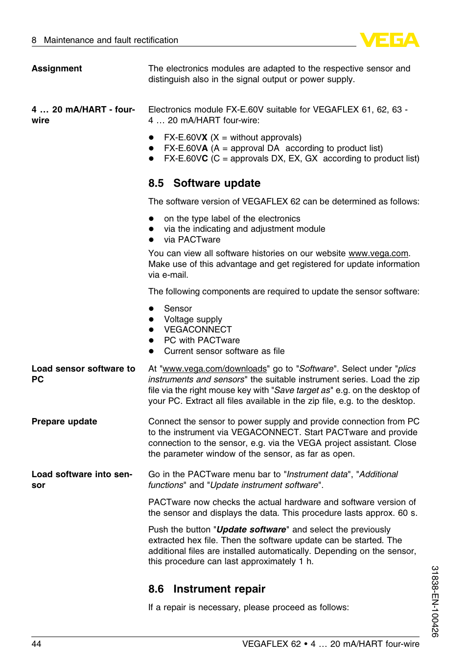 5 software update, 6 instrument repair | VEGA VEGAFLEX 62 4 … 20 mA_HART four-wire User Manual | Page 44 / 60
