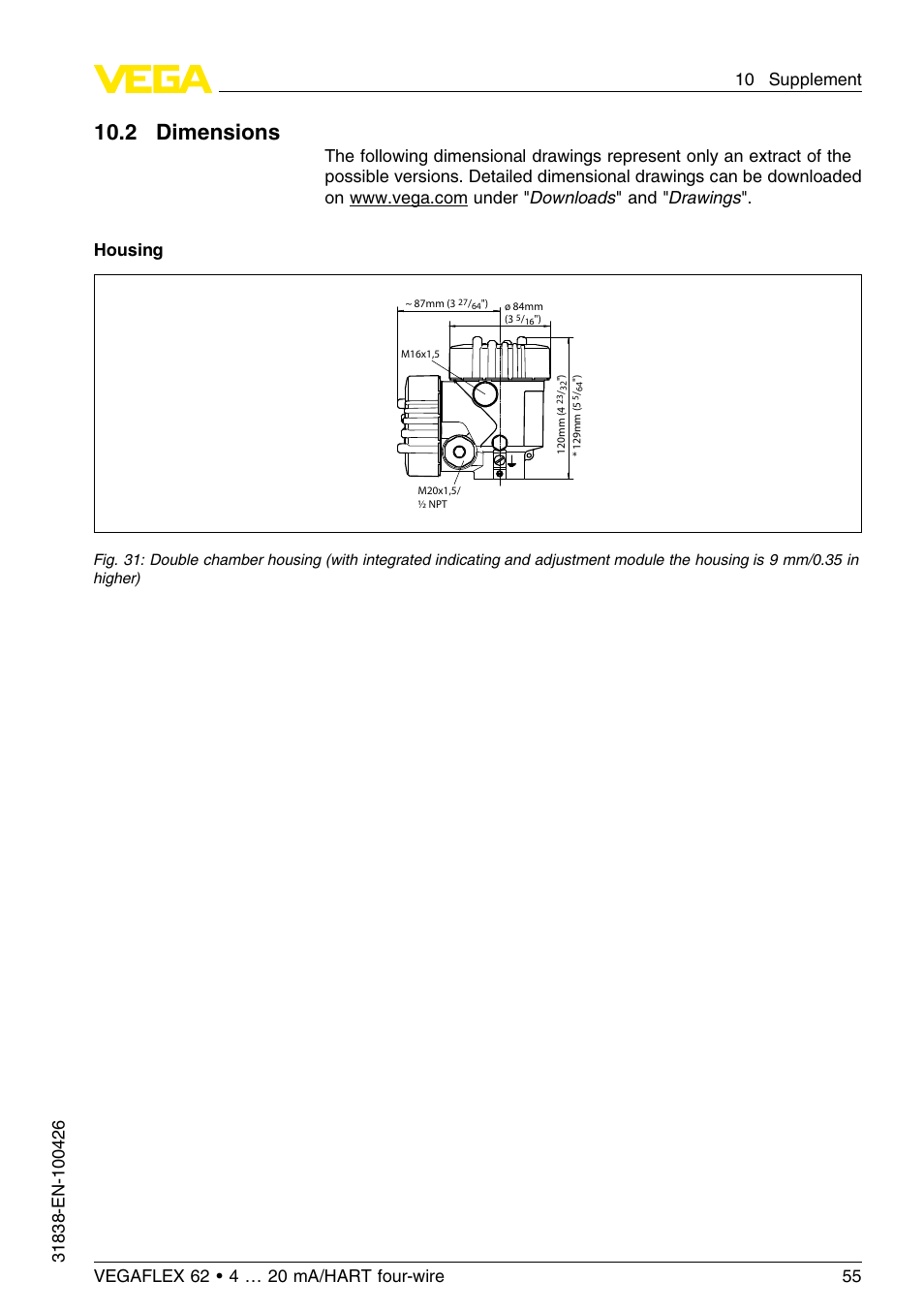 2 dimensions, 10 .2 dimensions | VEGA VEGAFLEX 62 4 … 20 mA_HART four-wire User Manual | Page 55 / 60