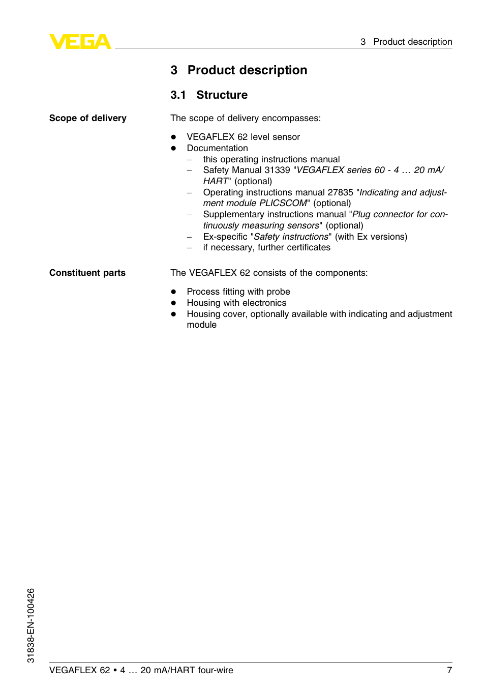 3 product description, 1 structure, 3product description | VEGA VEGAFLEX 62 4 … 20 mA_HART four-wire User Manual | Page 7 / 60
