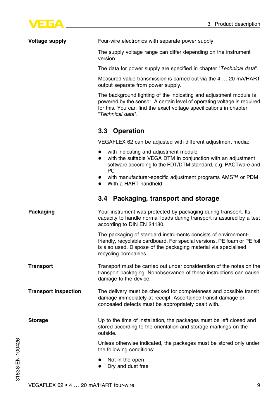3 operation, 4 packaging, transport and storage | VEGA VEGAFLEX 62 4 … 20 mA_HART four-wire User Manual | Page 9 / 60