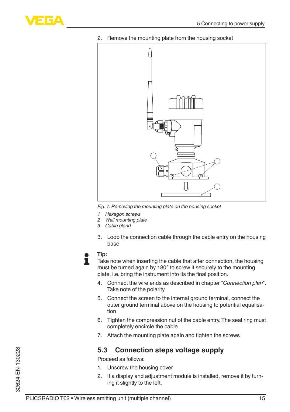 3 connection steps voltage supply | VEGA PLICSRADIO T62 Wireless emitting unit User Manual | Page 15 / 44