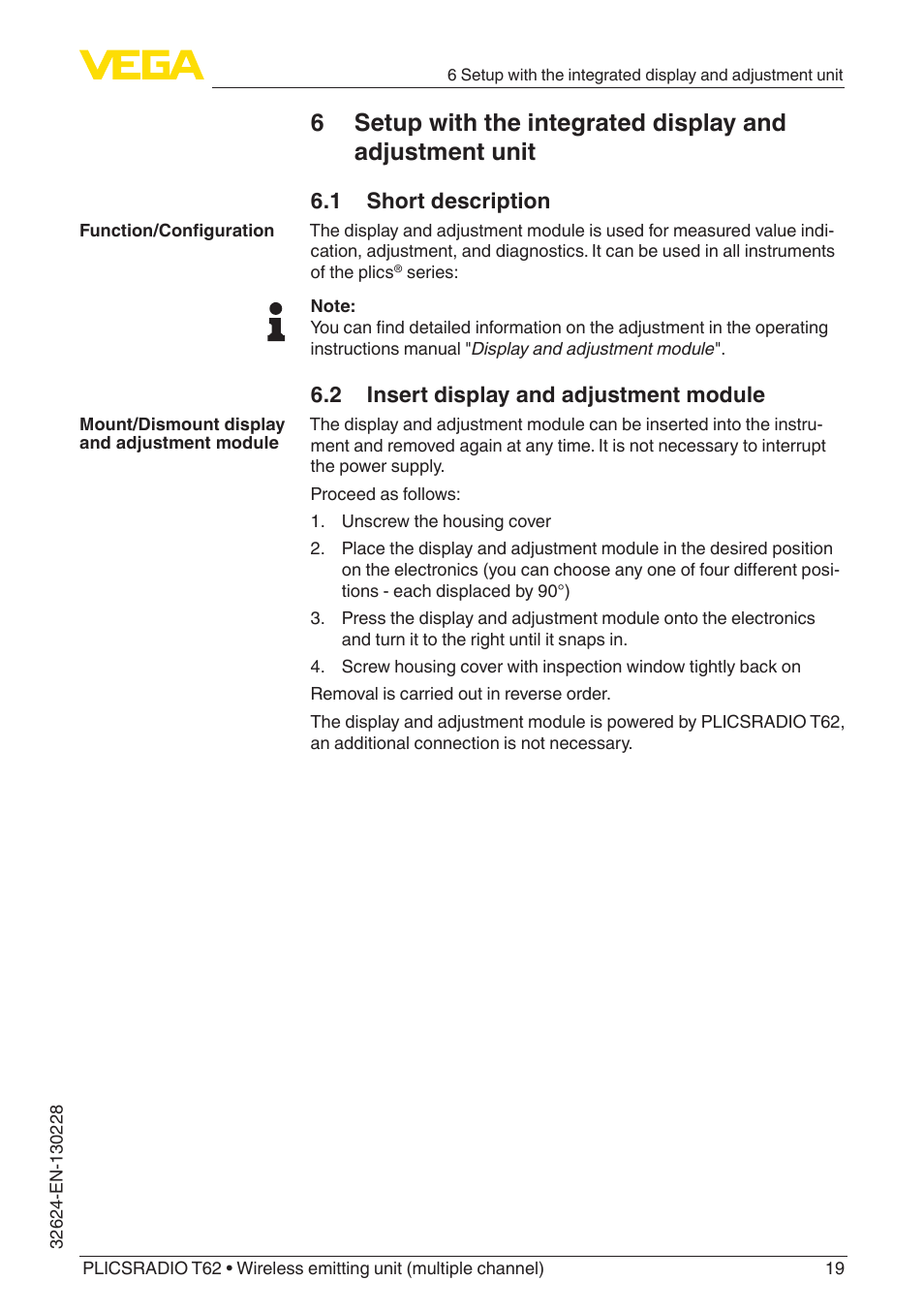 1 short description, 2 insert display and adjustment module | VEGA PLICSRADIO T62 Wireless emitting unit User Manual | Page 19 / 44