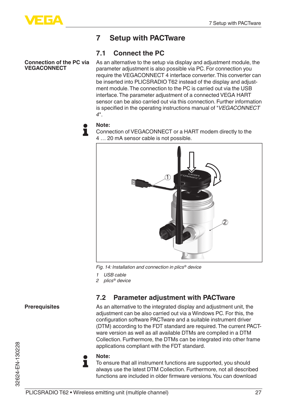 7 setup with pactware, 1 connect the pc, 2 parameter adjustment with pactware | VEGA PLICSRADIO T62 Wireless emitting unit User Manual | Page 27 / 44