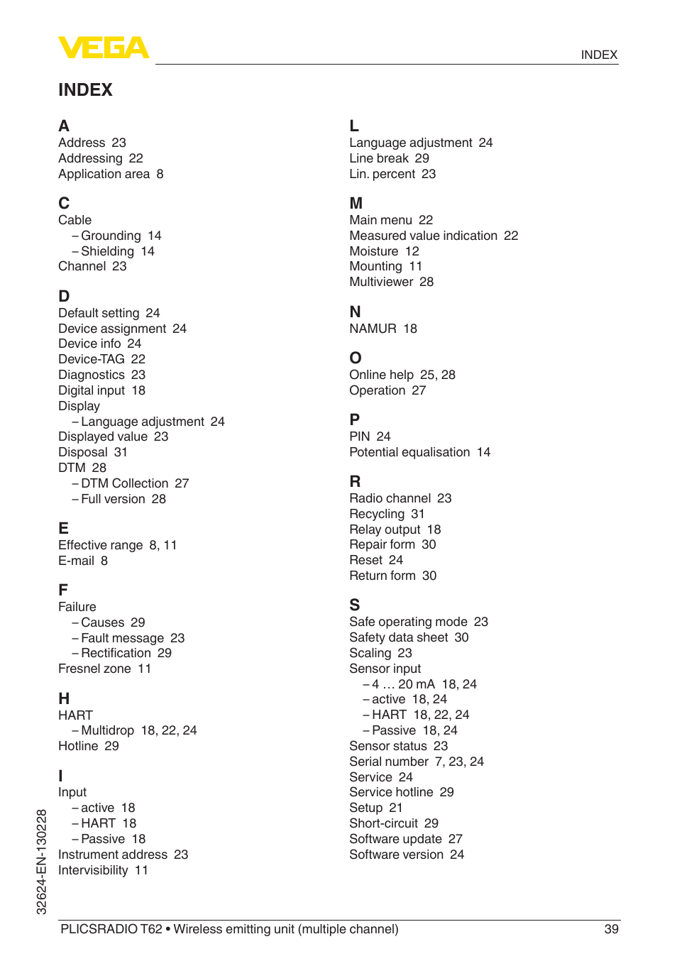 Index | VEGA PLICSRADIO T62 Wireless emitting unit User Manual | Page 39 / 44