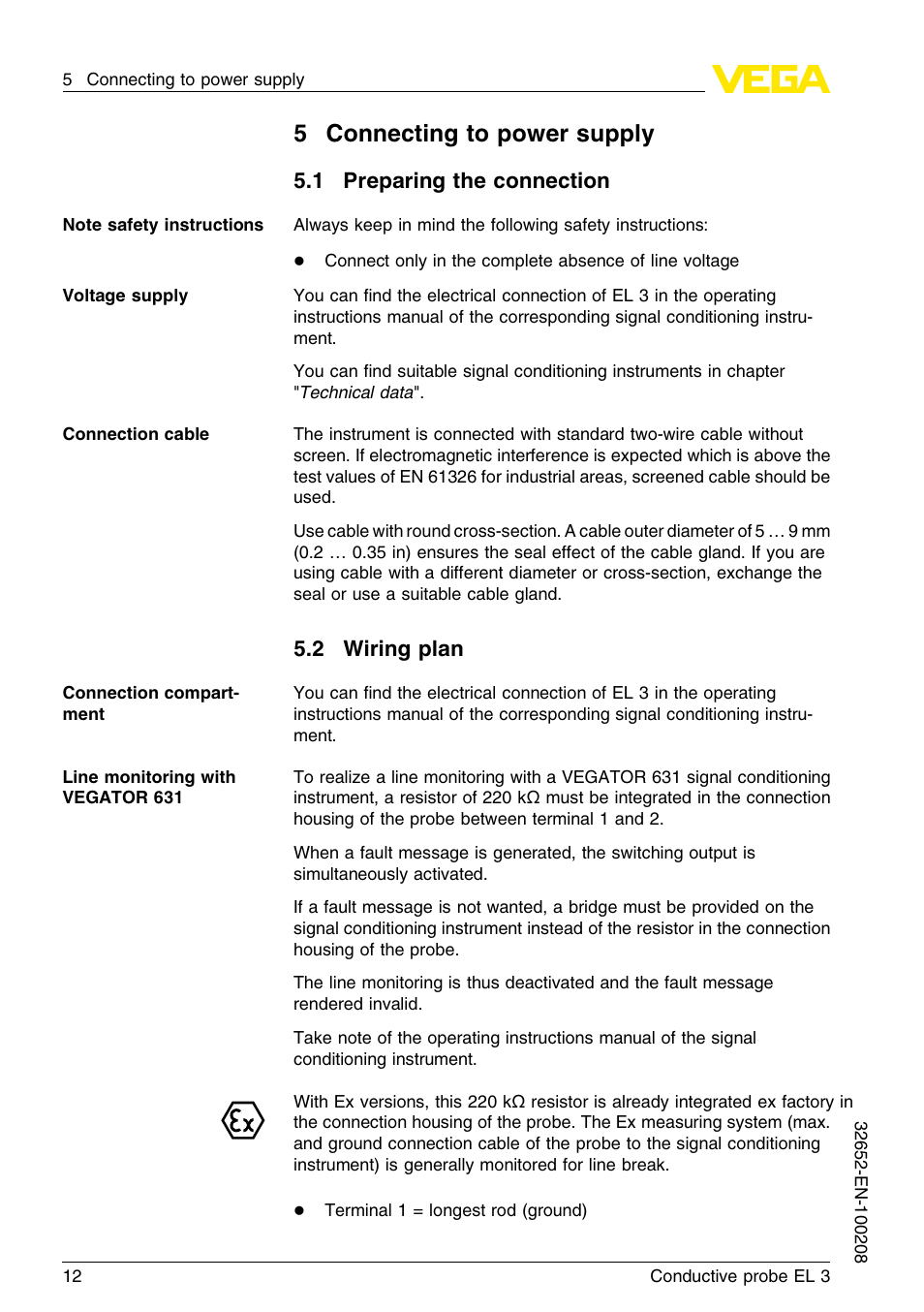 5 connecting to power supply, 1 preparing the connection, 2 wiring plan | 5connecting to power supply | VEGA EL 3 Conductive probe User Manual | Page 12 / 24