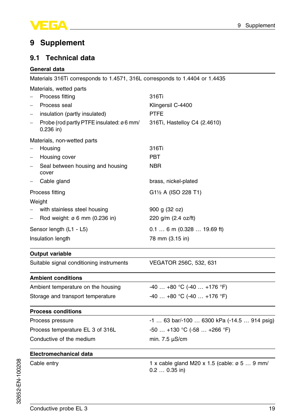 9 supplement, 1 technical data, 9supplement | VEGA EL 3 Conductive probe User Manual | Page 19 / 24
