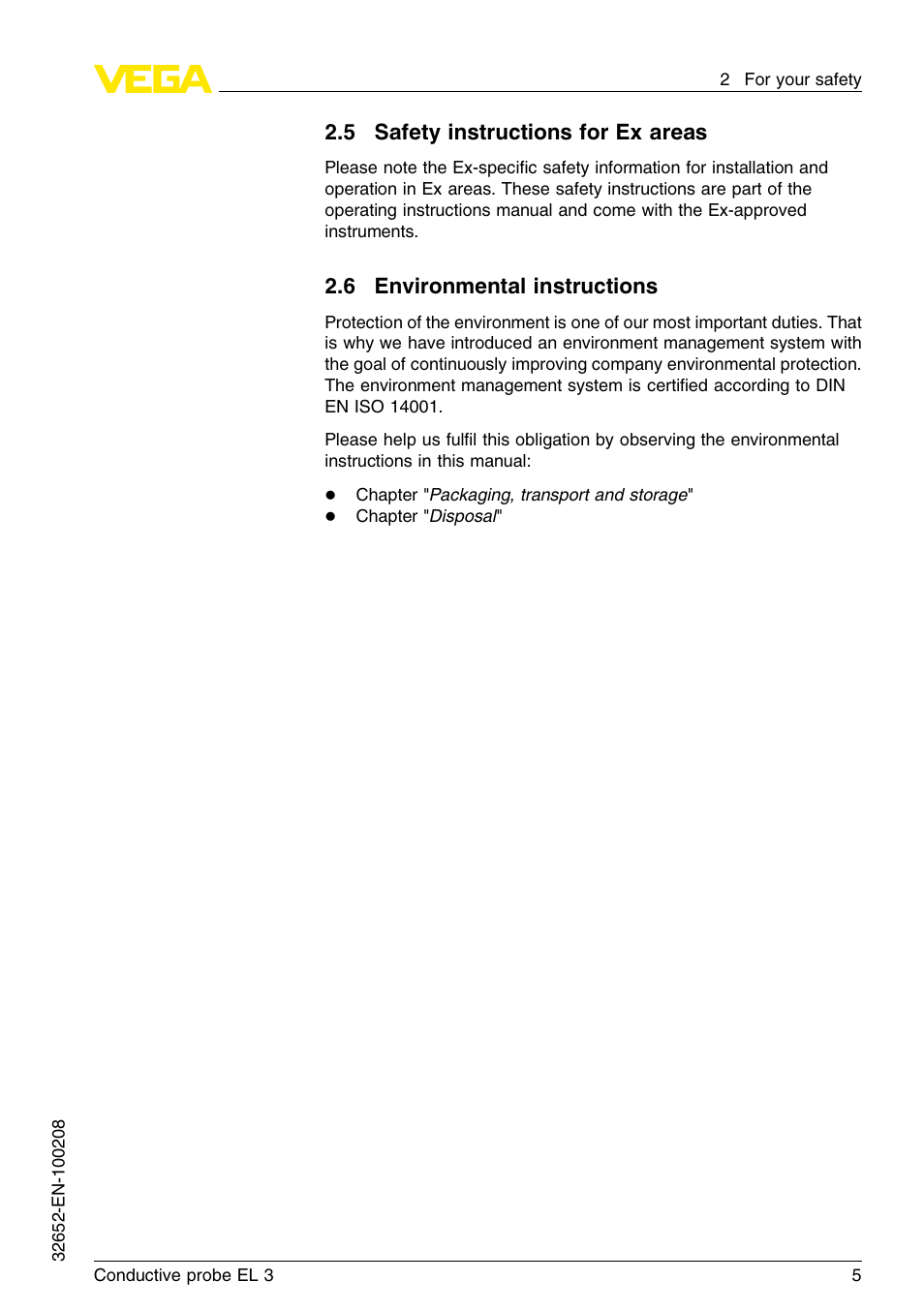 5 safety instructions for ex areas, 6 environmental instructions | VEGA EL 3 Conductive probe User Manual | Page 5 / 24