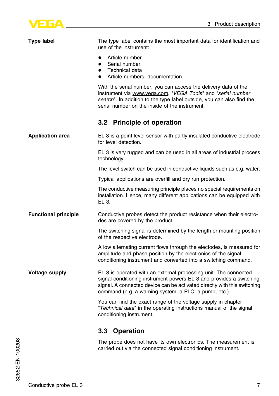 2 principle of operation, 3 operation | VEGA EL 3 Conductive probe User Manual | Page 7 / 24