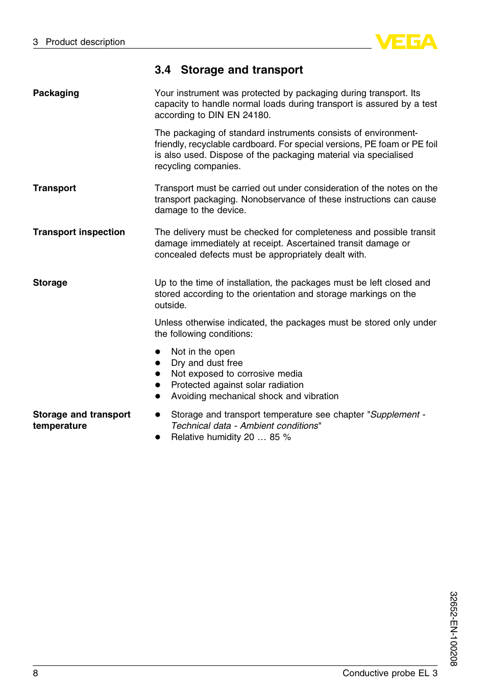 4 storage and transport | VEGA EL 3 Conductive probe User Manual | Page 8 / 24