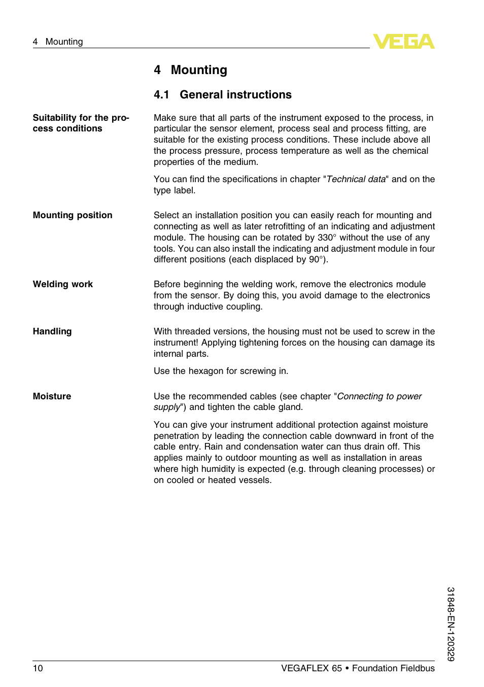 4 mounting, 1 general instructions, 4mounting | VEGA VEGAFLEX 65 Foundation Fieldbus User Manual | Page 10 / 56