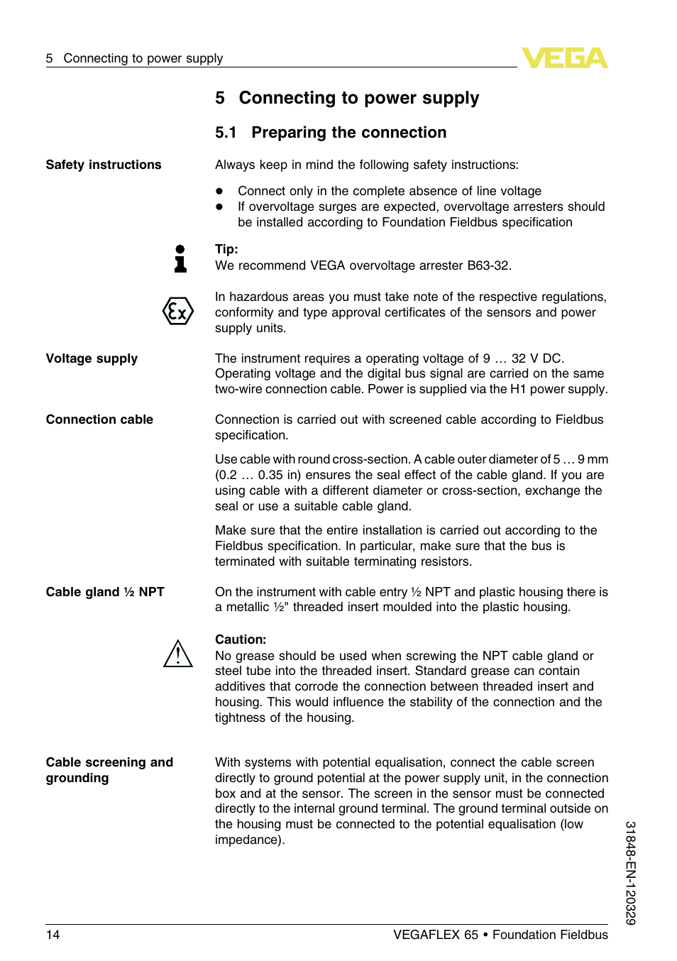 5 connecting to power supply, 1 preparing the connection, 5connecting to power supply | VEGA VEGAFLEX 65 Foundation Fieldbus User Manual | Page 14 / 56
